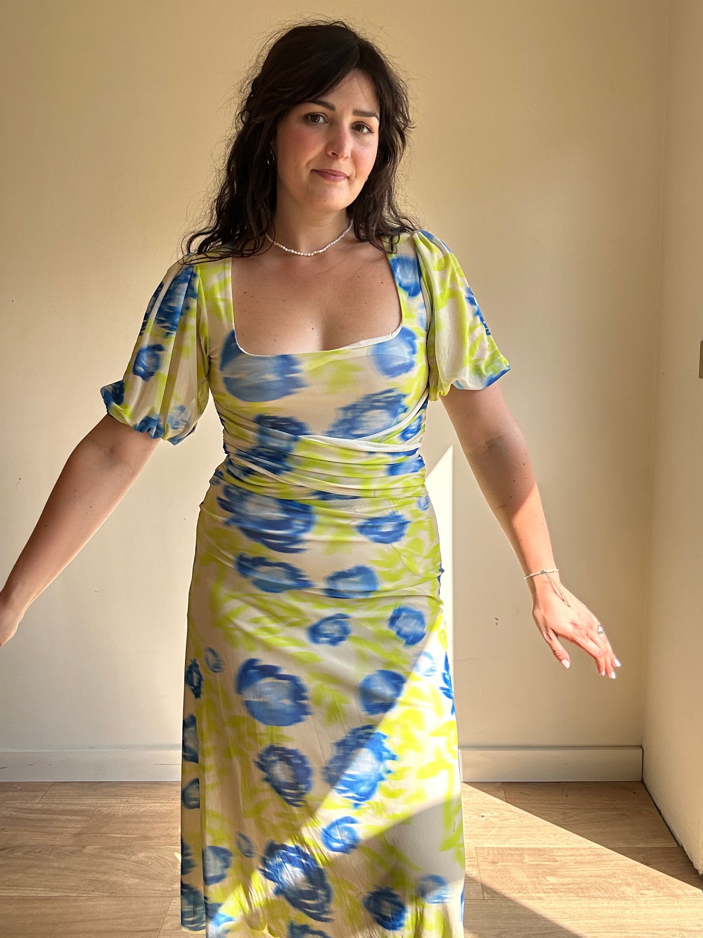 Ganni Ruched Printed Stretch-Mesh Dress, 36