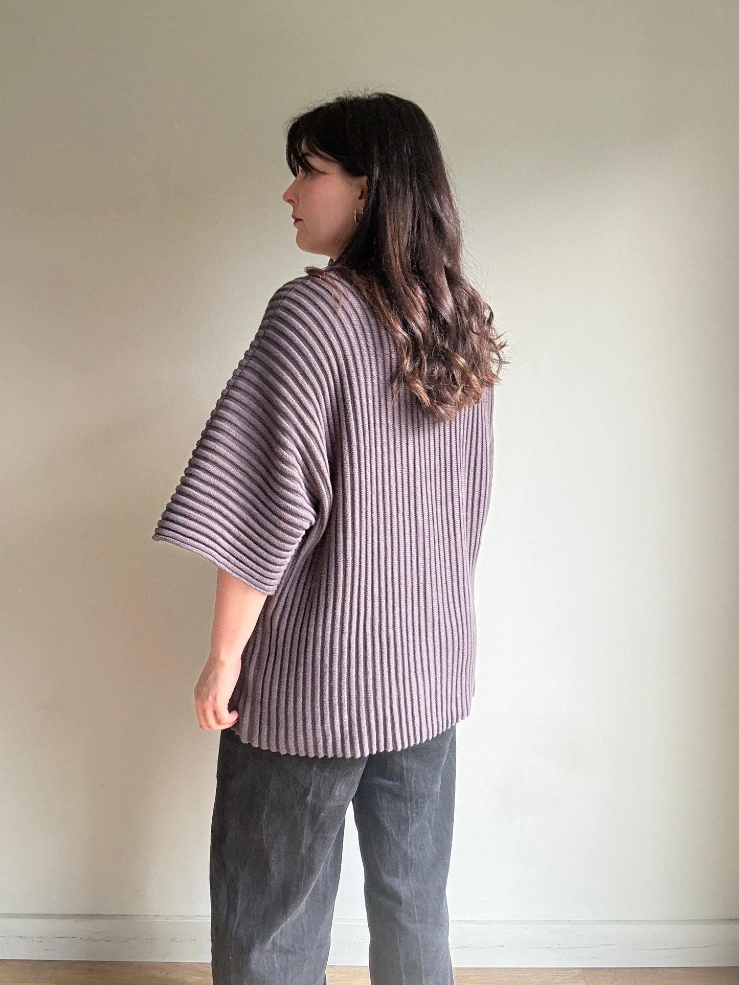 Seventh Rib Knit Zip-Up Short Sleeve Cardigan, M (oversized)