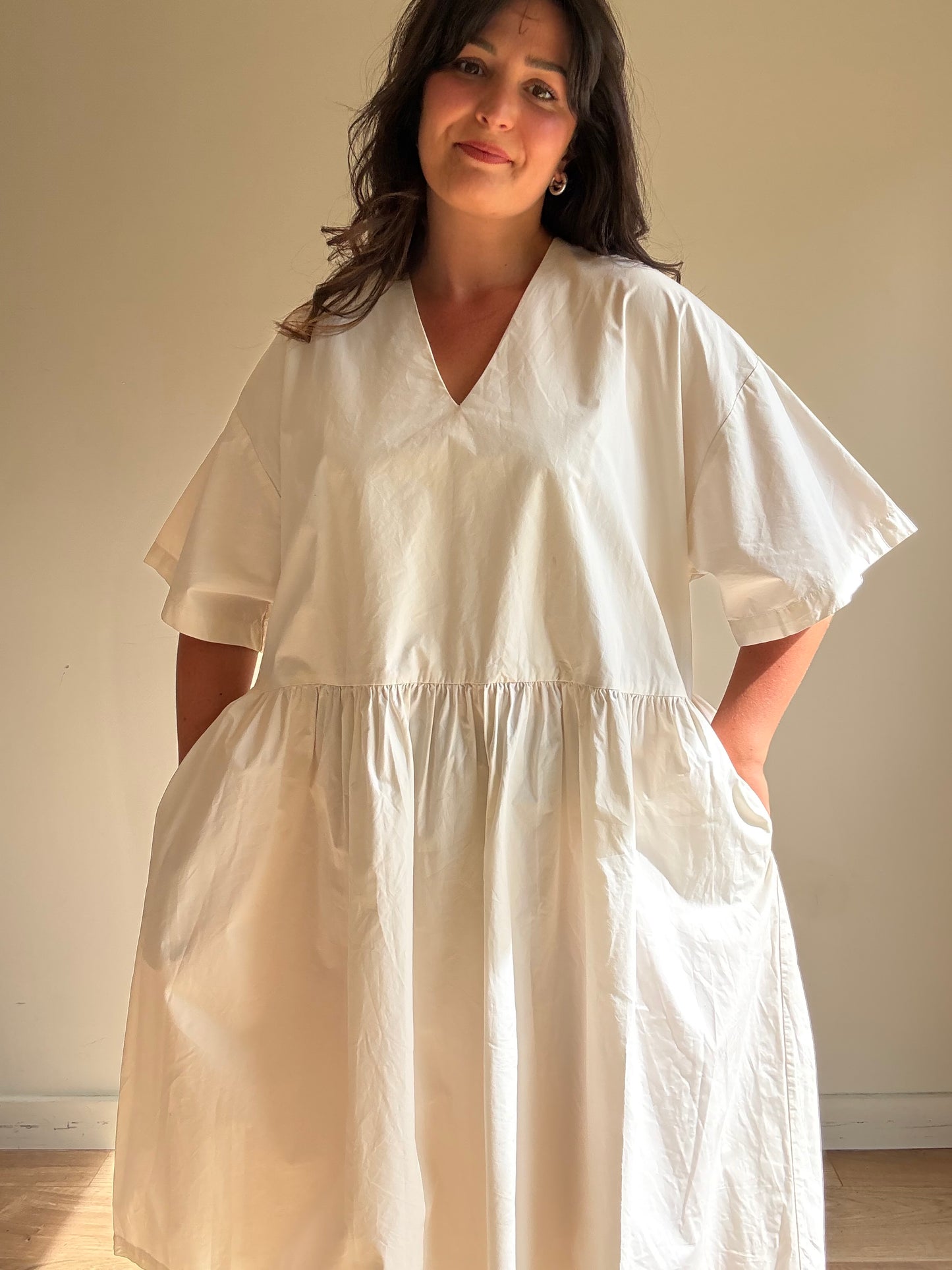Black Crane V-Neck Wide Cotton Dress, S (oversized)