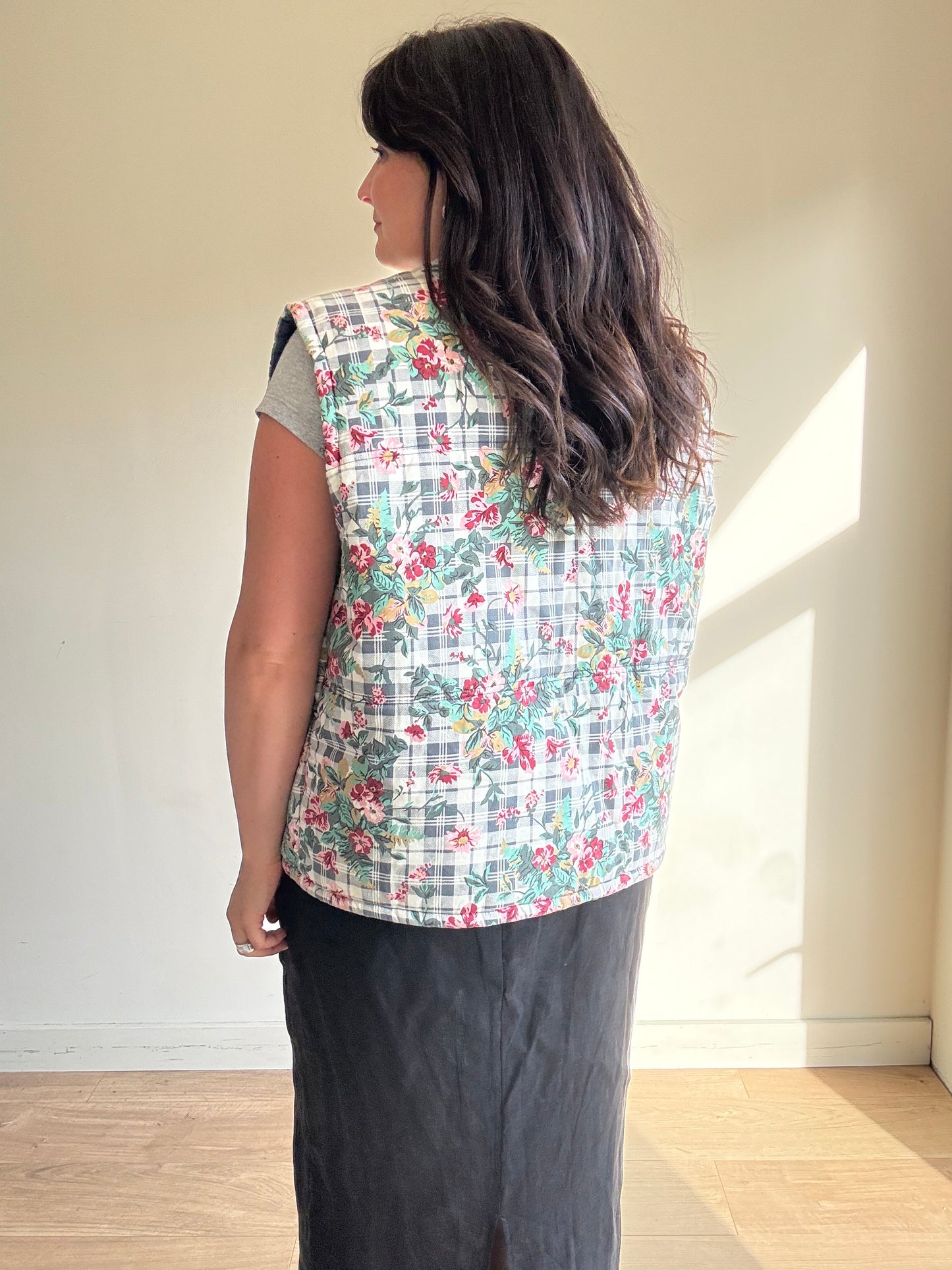 Vintage Floral Quilted Waistcoat Gilet, XL