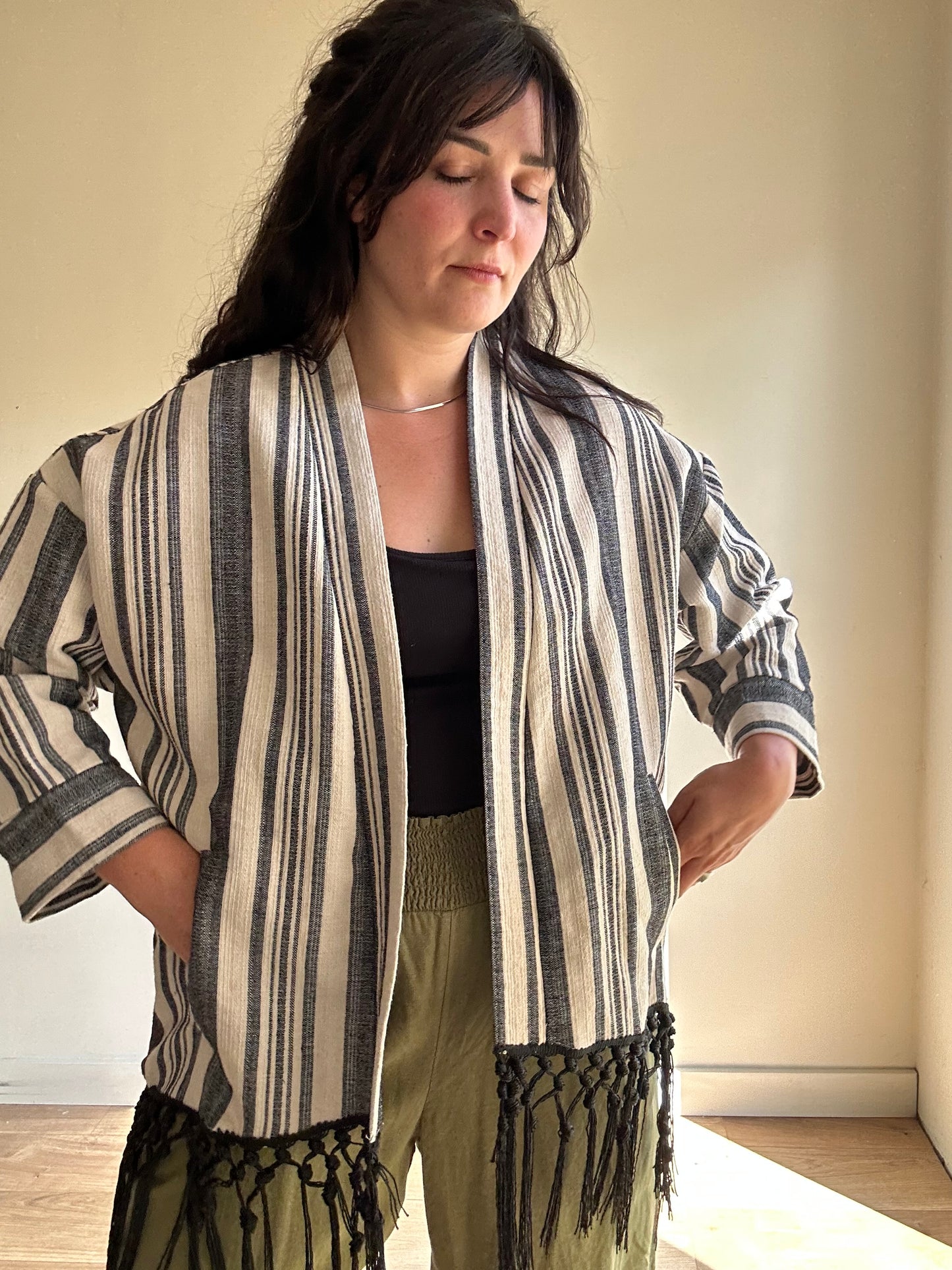Zara Cotton Stripe Tassel Jacket, One Size