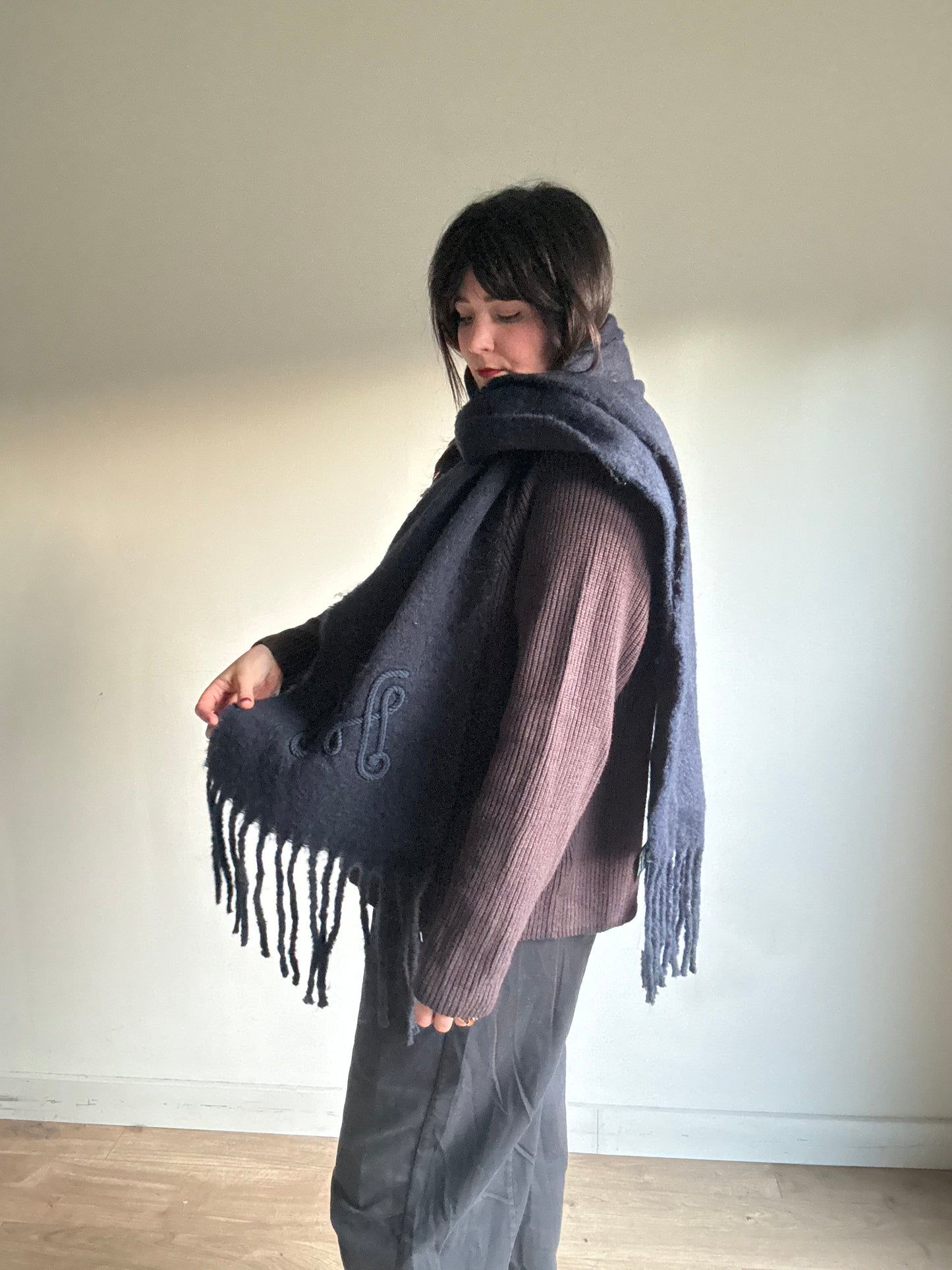 Fluffy Scarf with Embroidery, One Size