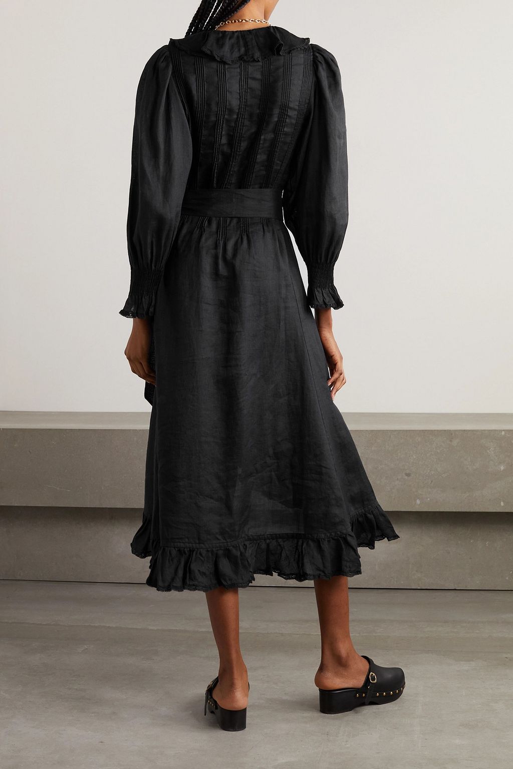 Doen Nadia belted ruffled ramie midi dress, M