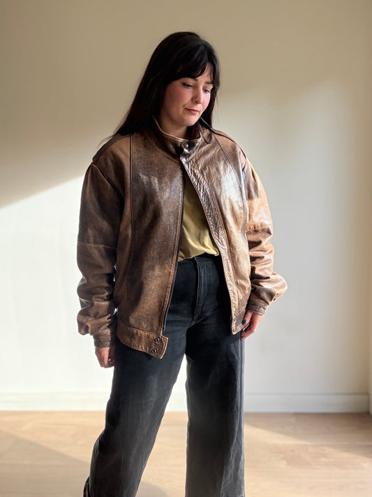 Vintage Leather Faded Aviator Bomber, M-L