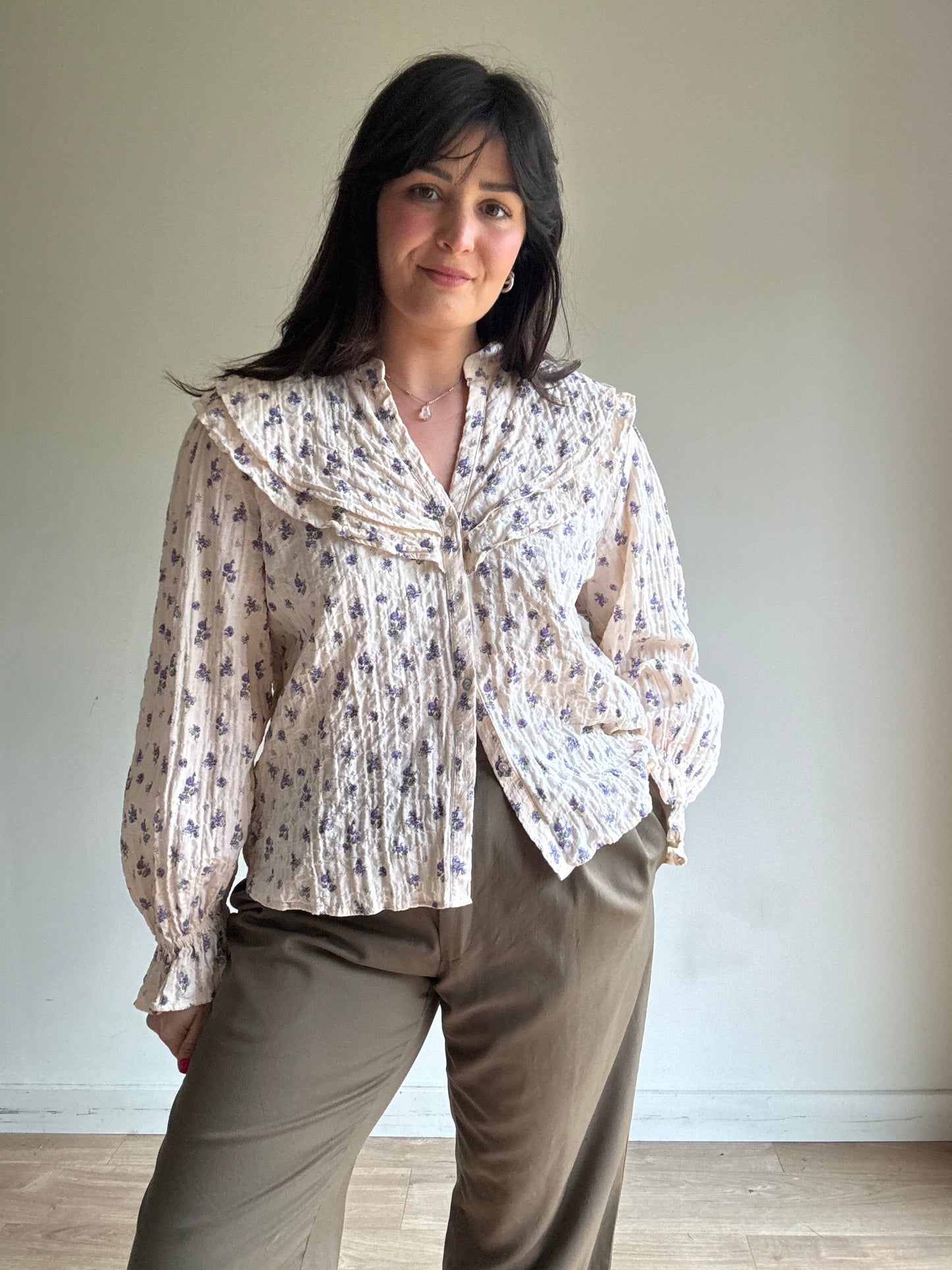 Cream Zara Floral Cotton Collared Blouse, XL