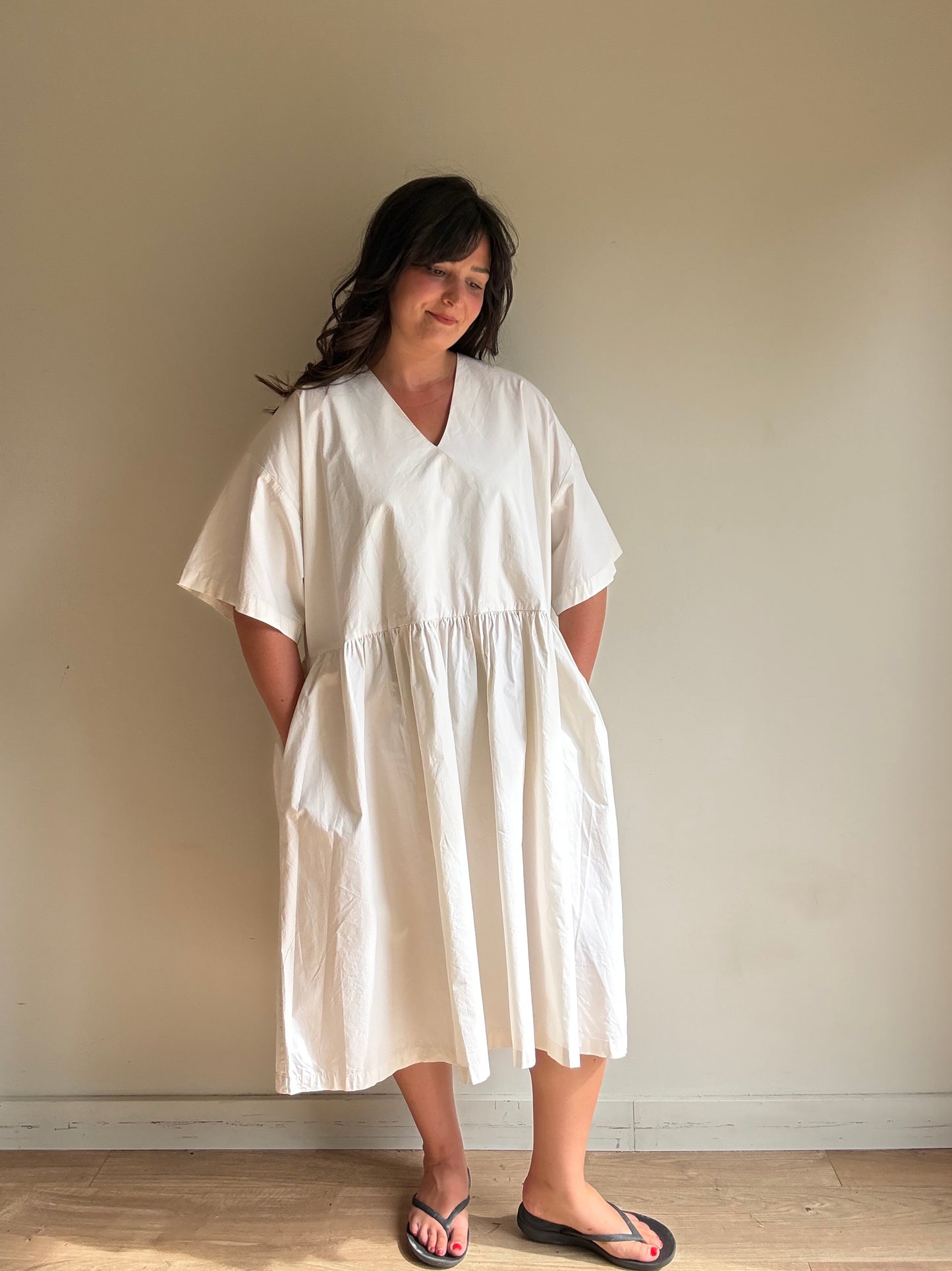 Black Crane V-Neck Wide Cotton Dress, S (oversized)