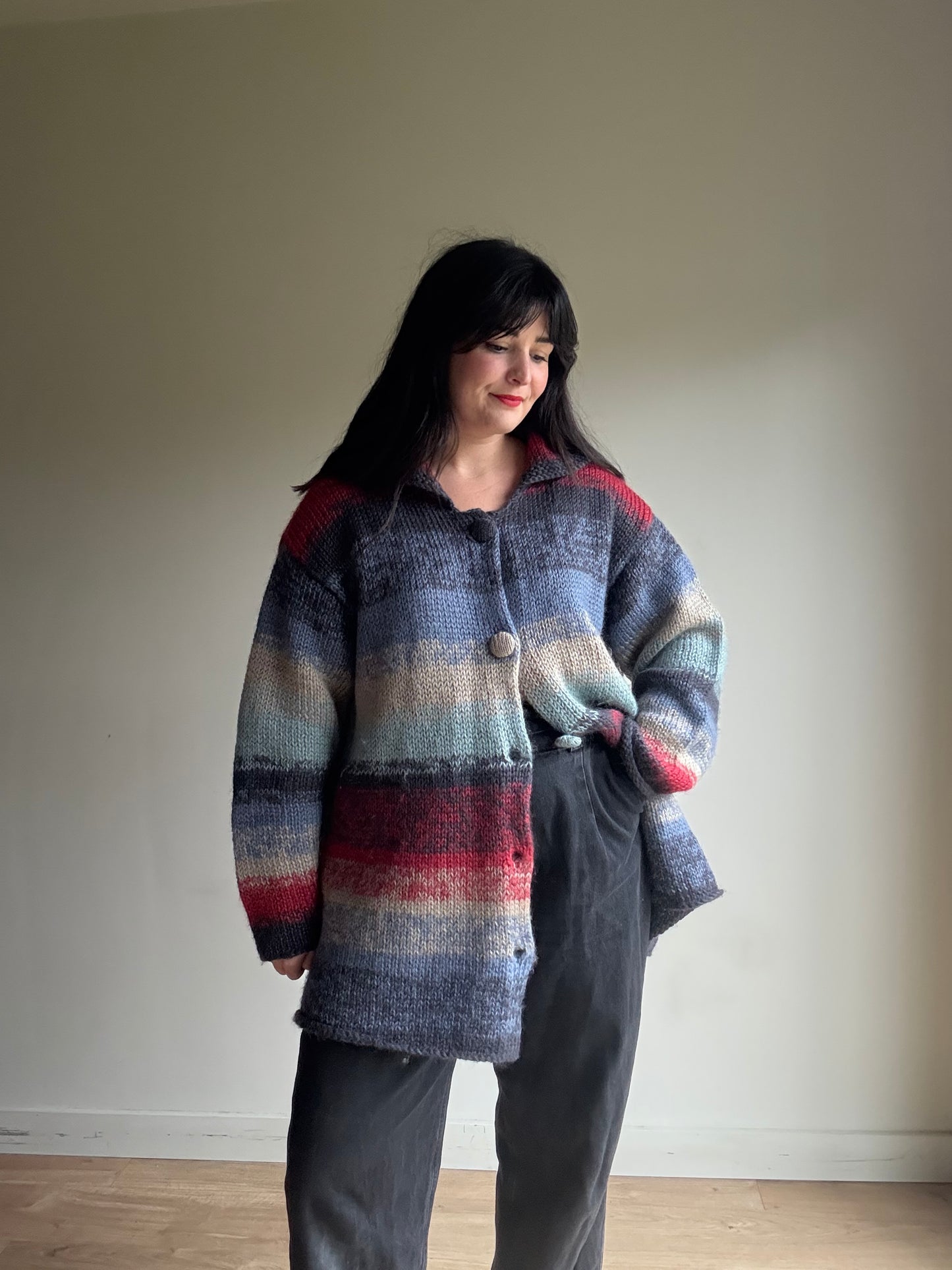 Handknit Button Up Chunky Cardigan, XL