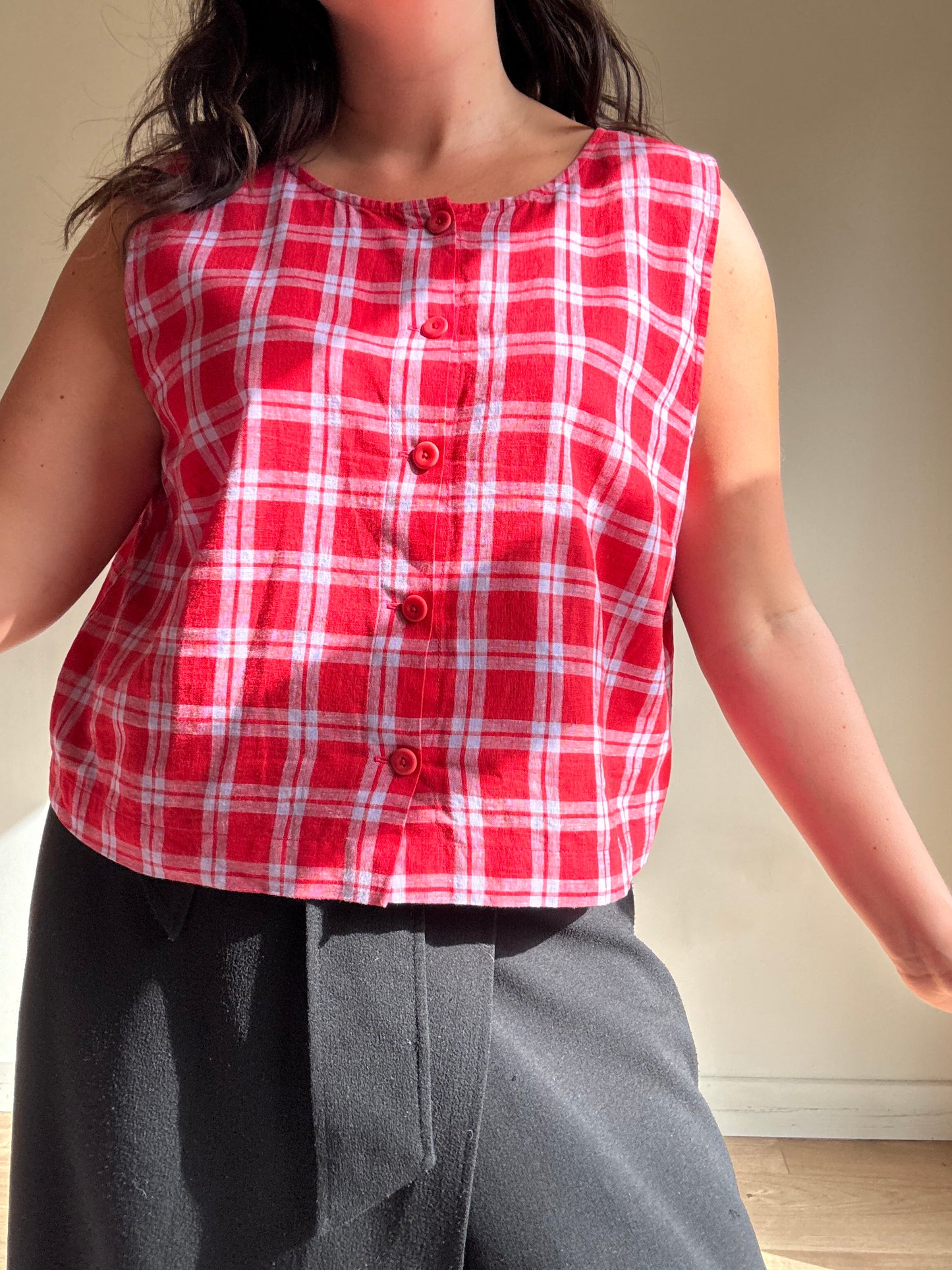 Check Beyond Nine Linen Top, XL