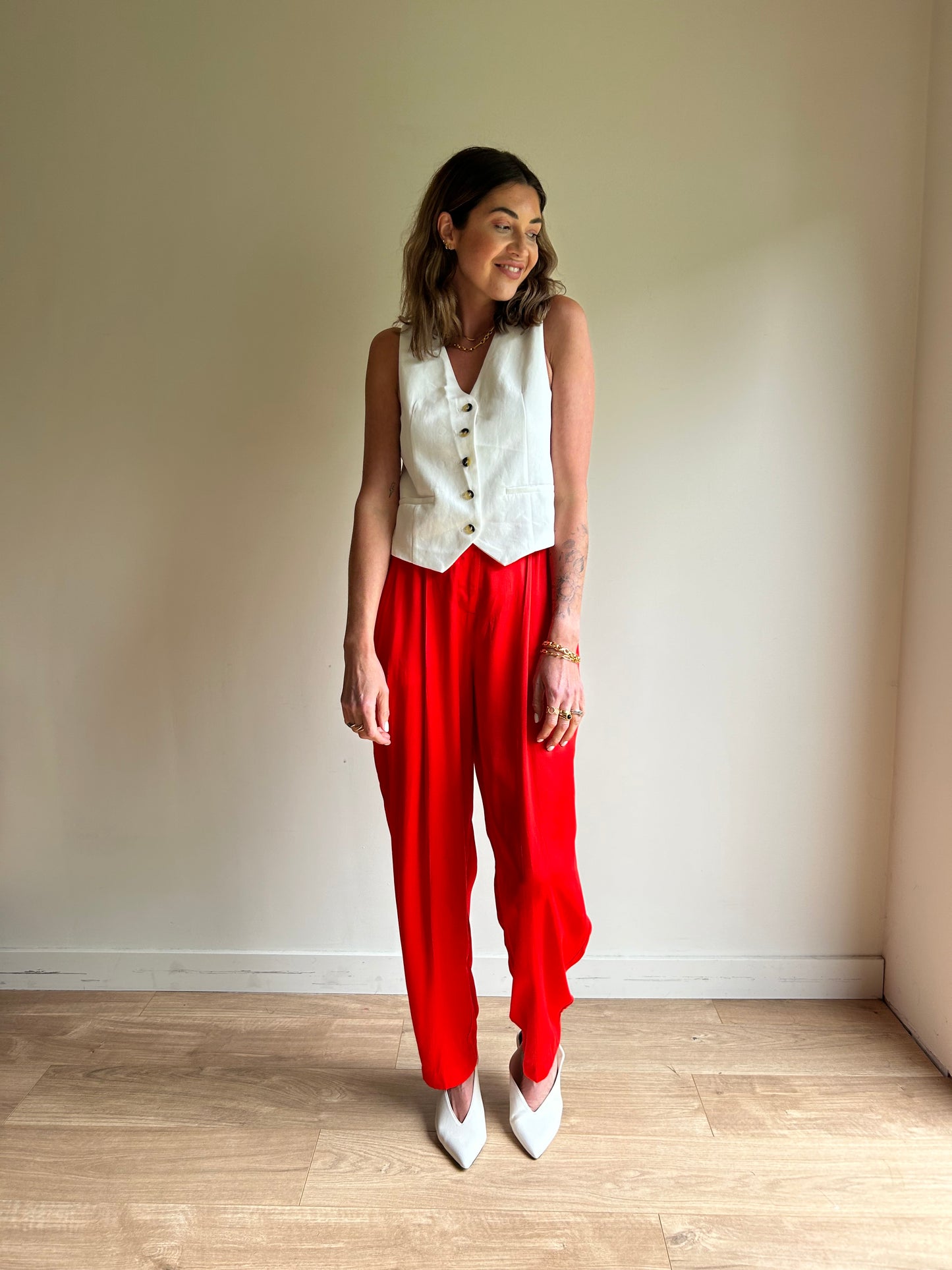 Red H&M Satin Tailored Trousers, 6