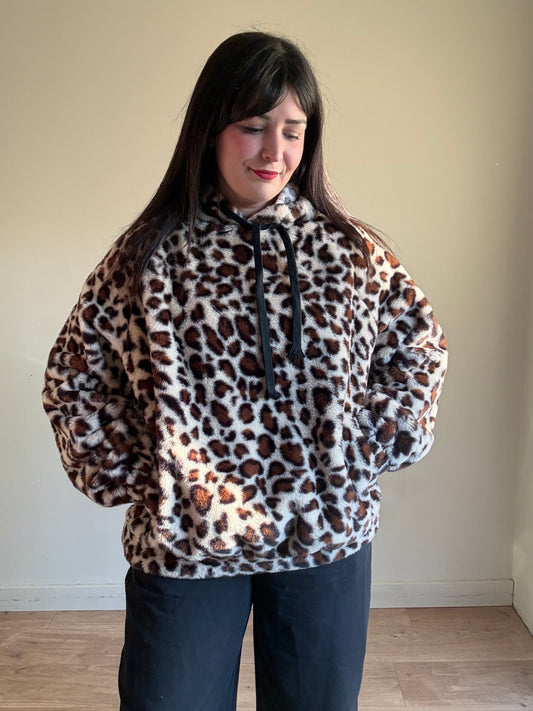 Leopard Fluffy Fleece Hoodie, XL