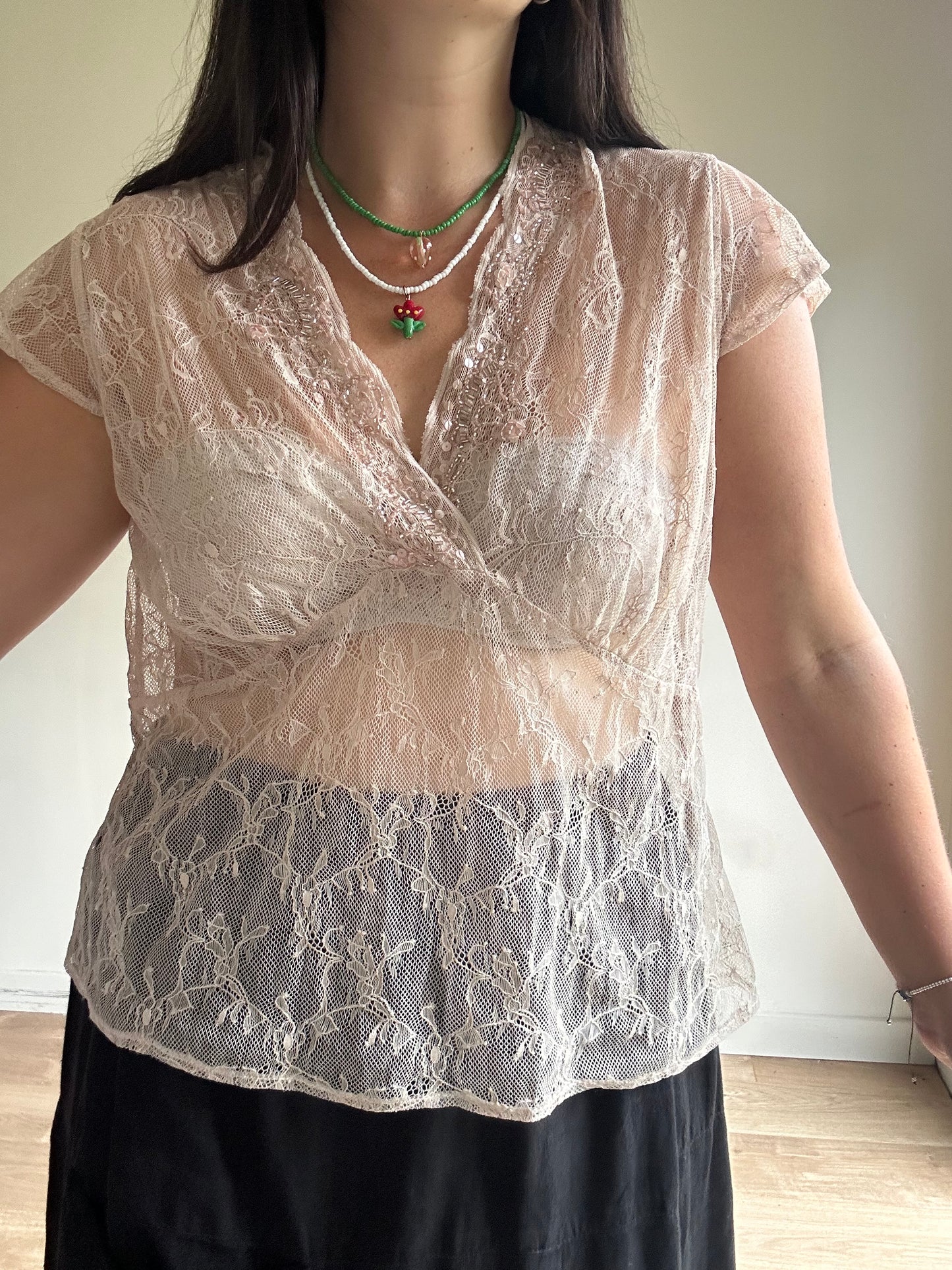 Blush Vintage Lace Beaded Top, XL