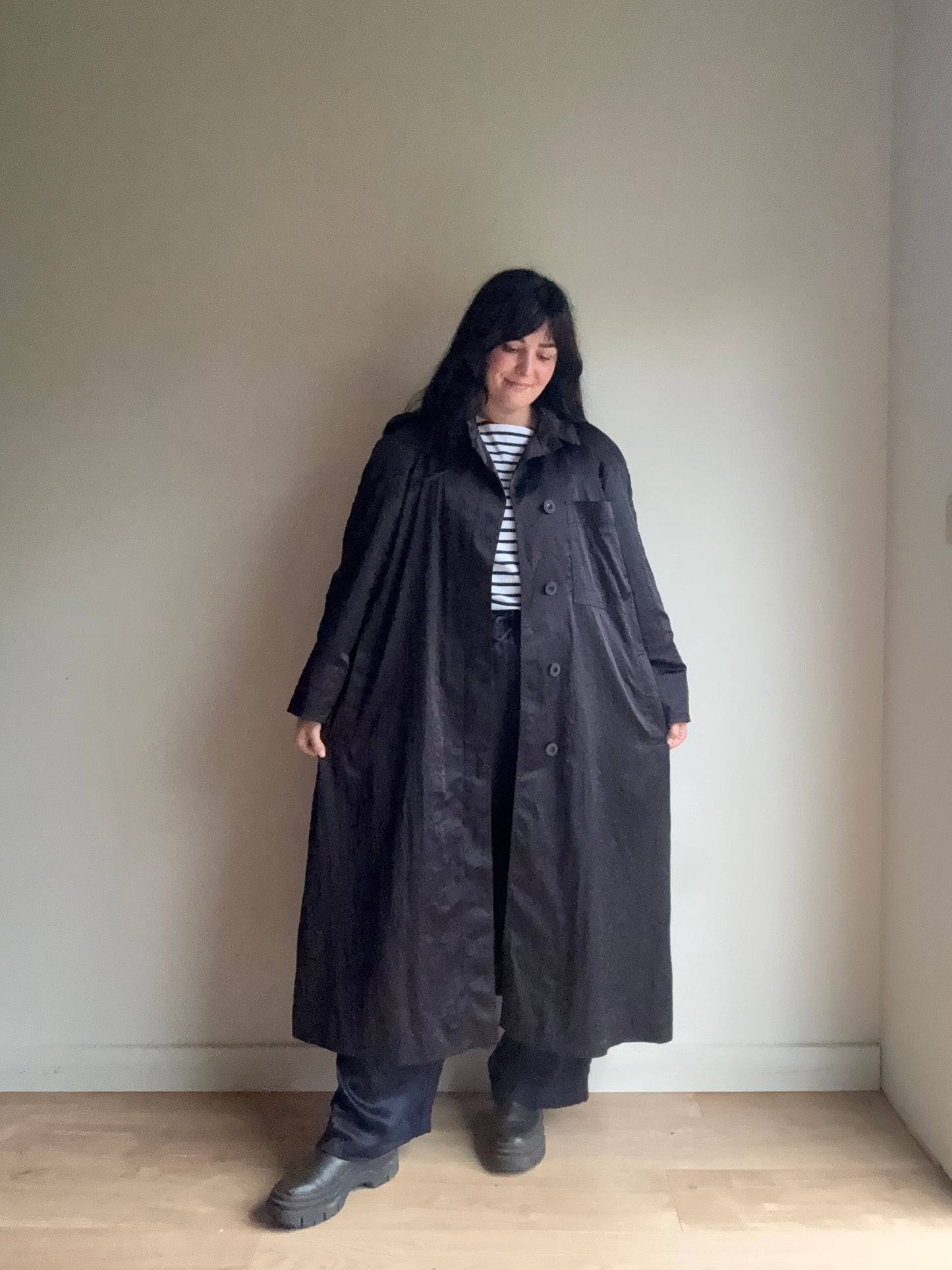 Satin Black Trench Mac, XL