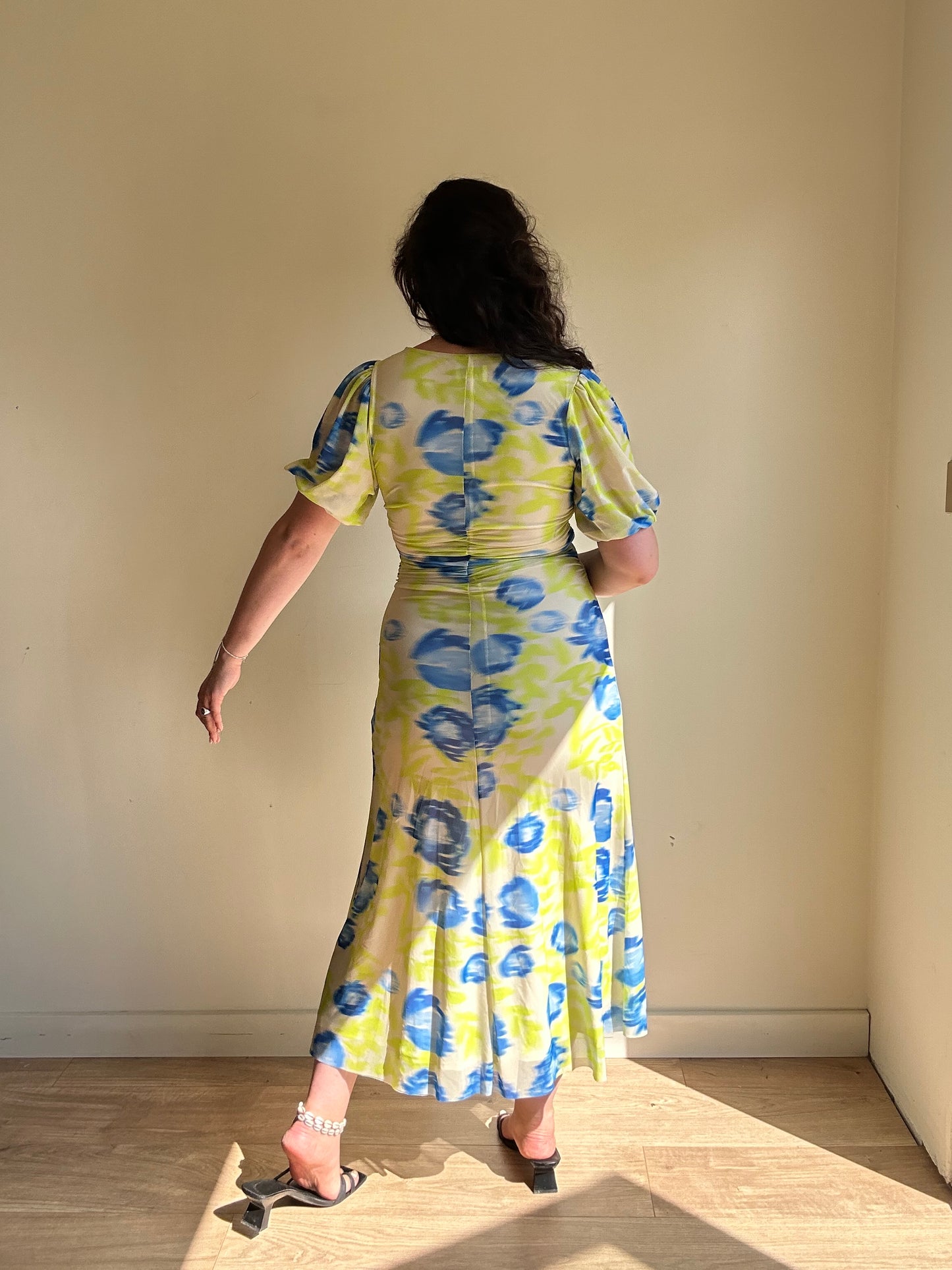 Ganni Ruched Printed Stretch-Mesh Dress, 36