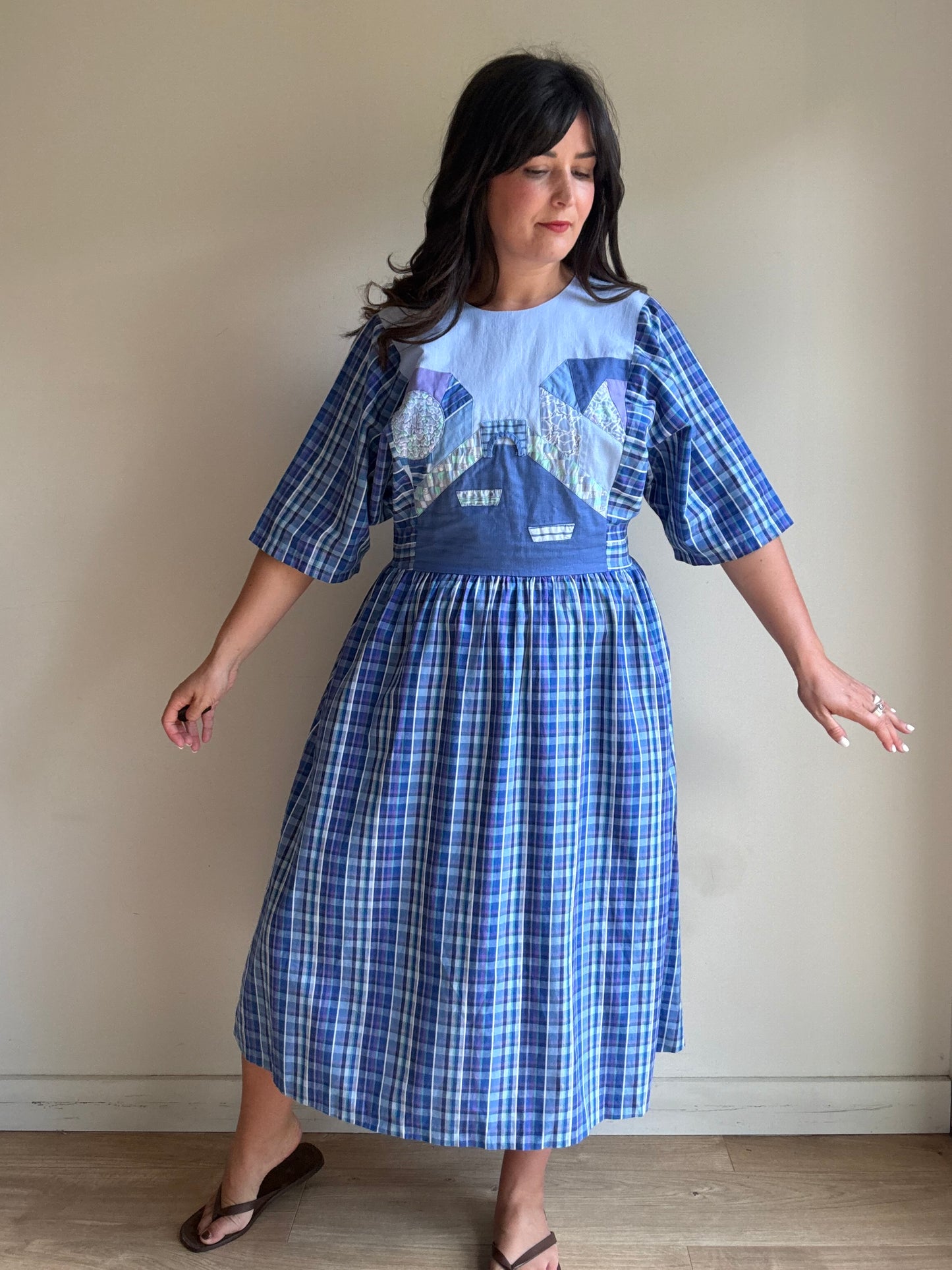 Handmade 70's Check Patch Dress, M
