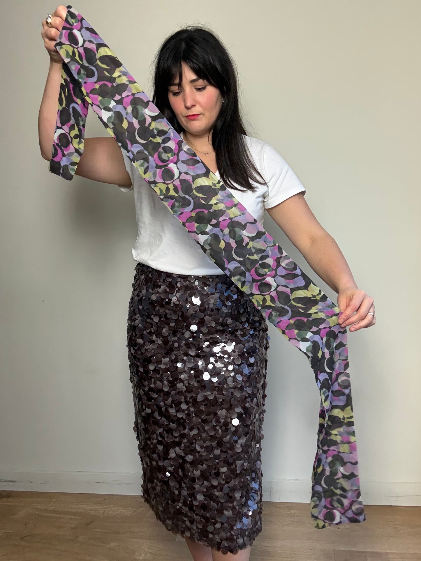 Vintage Silk Skinny Patterned Scarf, O/S