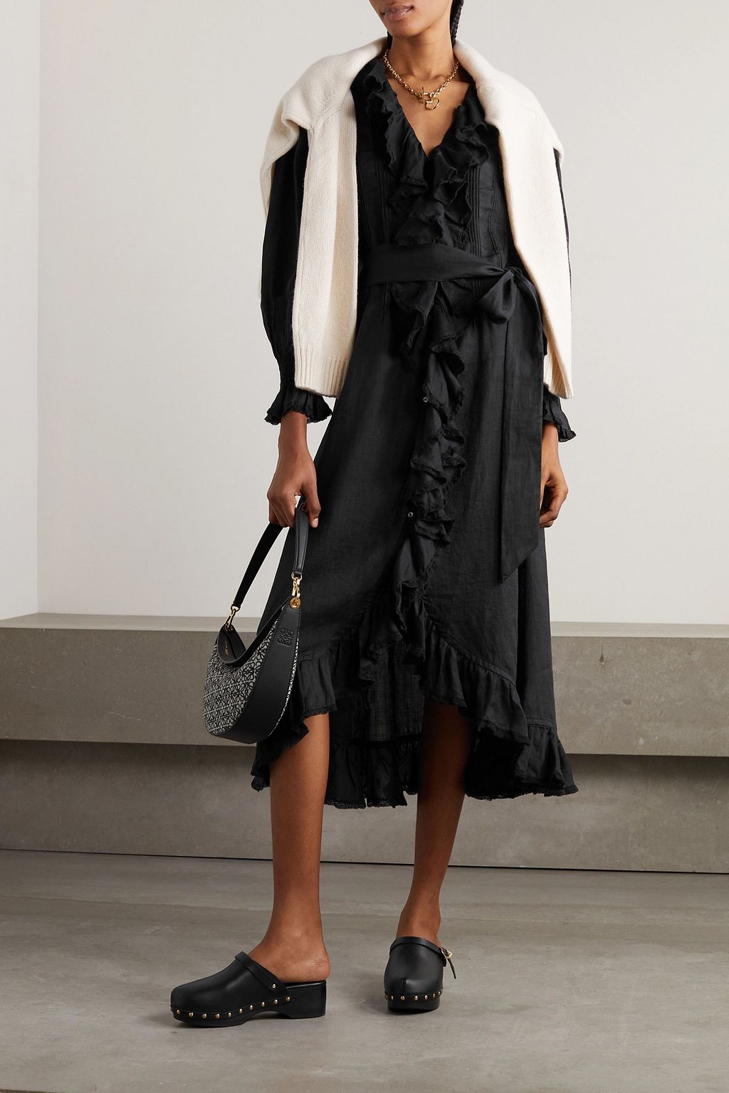 Doen Nadia belted ruffled ramie midi dress, M