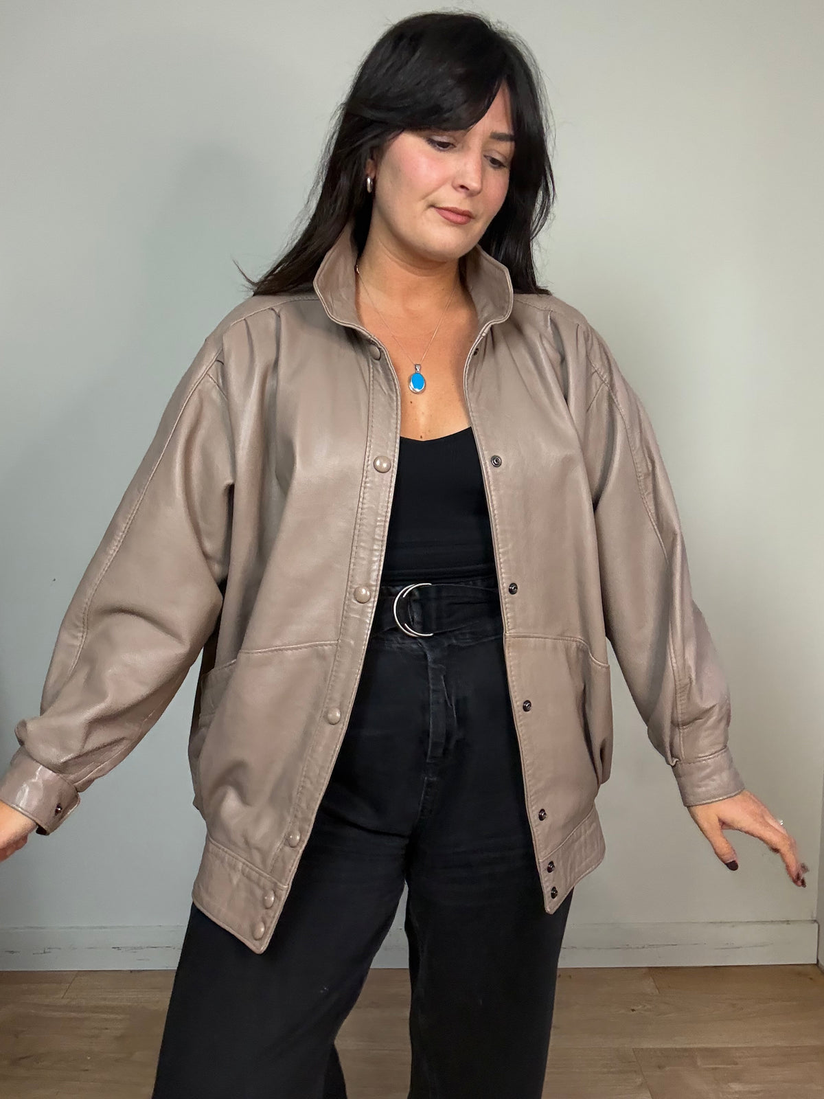 Real Leather Funnel Neck Bomber Jacket, M