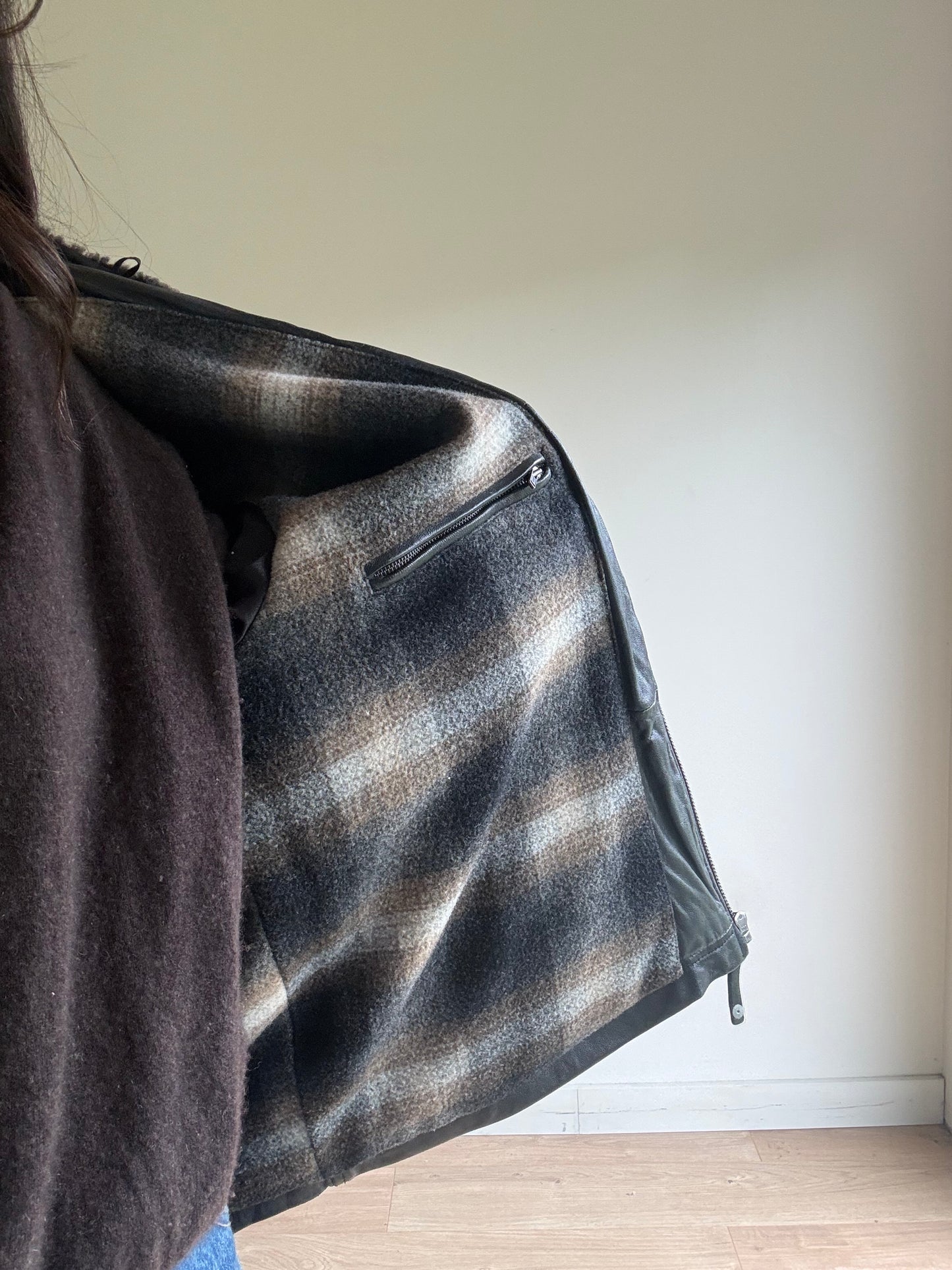 Leather Bomber Jacket with Cosy Collar, L-XL