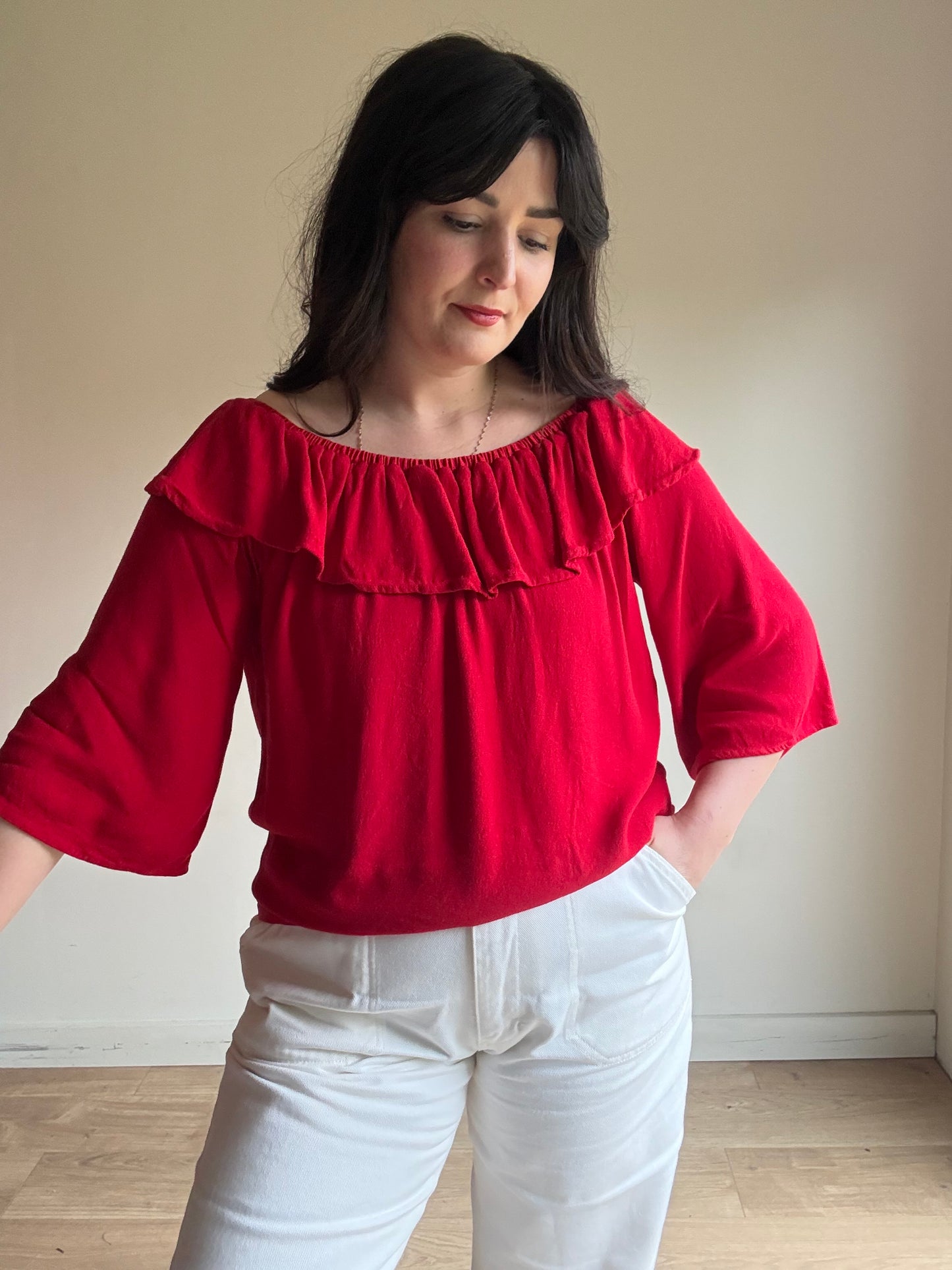 Red Ba&sh Ruffle Bardot Top, 1