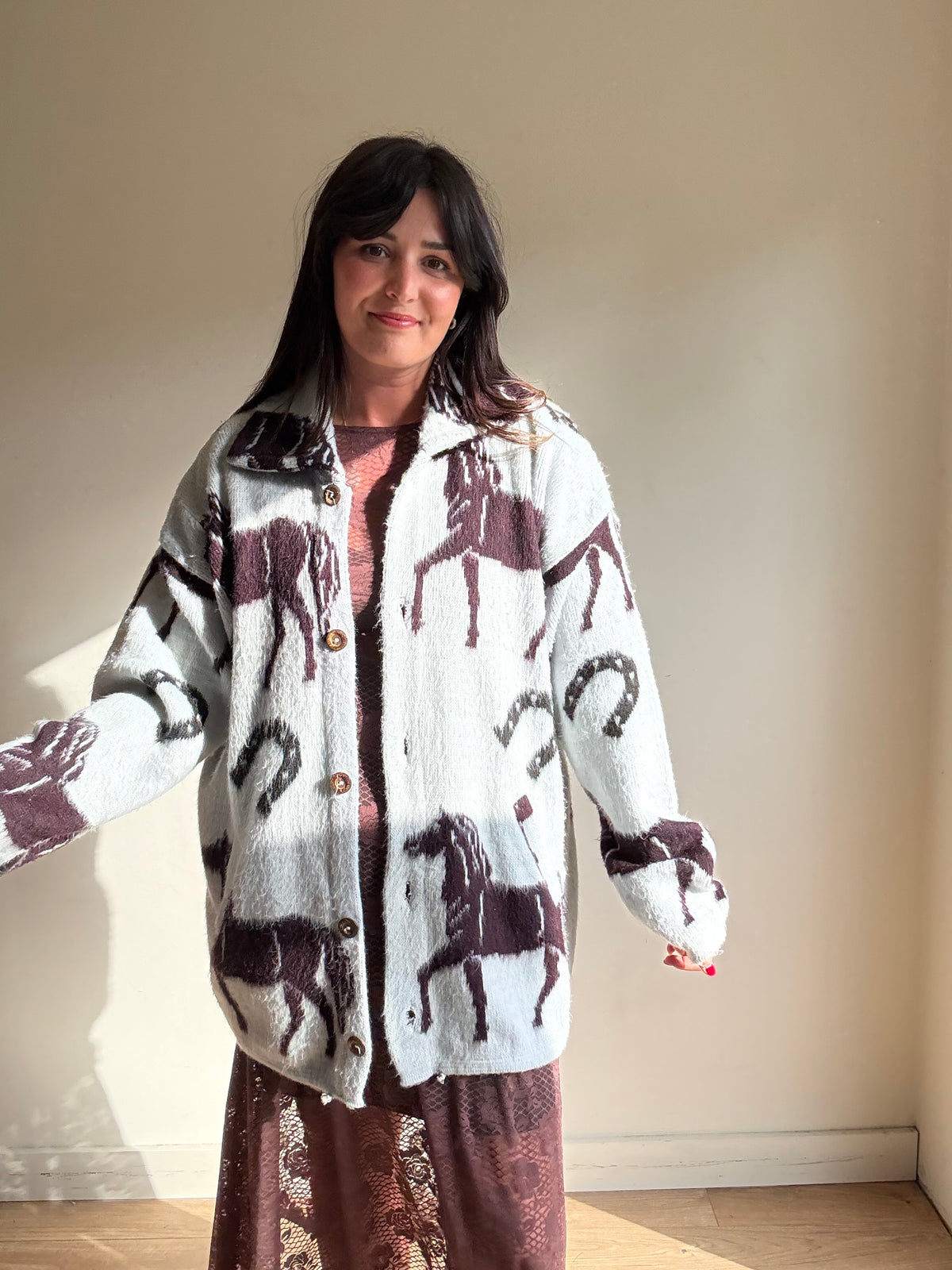 Vintage Horse Print Wool Cardigan, L - XL