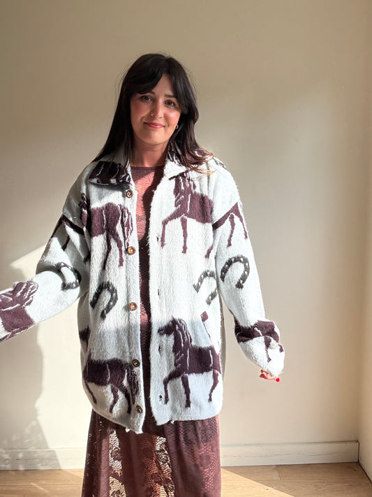 Vintage Horse Print Wool Cardigan, L - XL