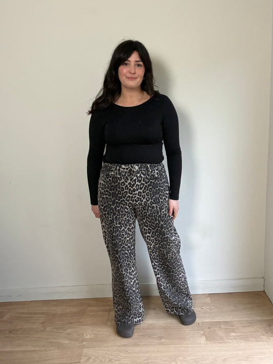 Leopard Print Wide Leg Jeans, 14