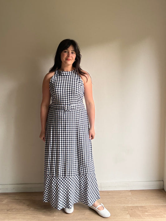 Navy Fat Face Gingham Cotton Dress, 12