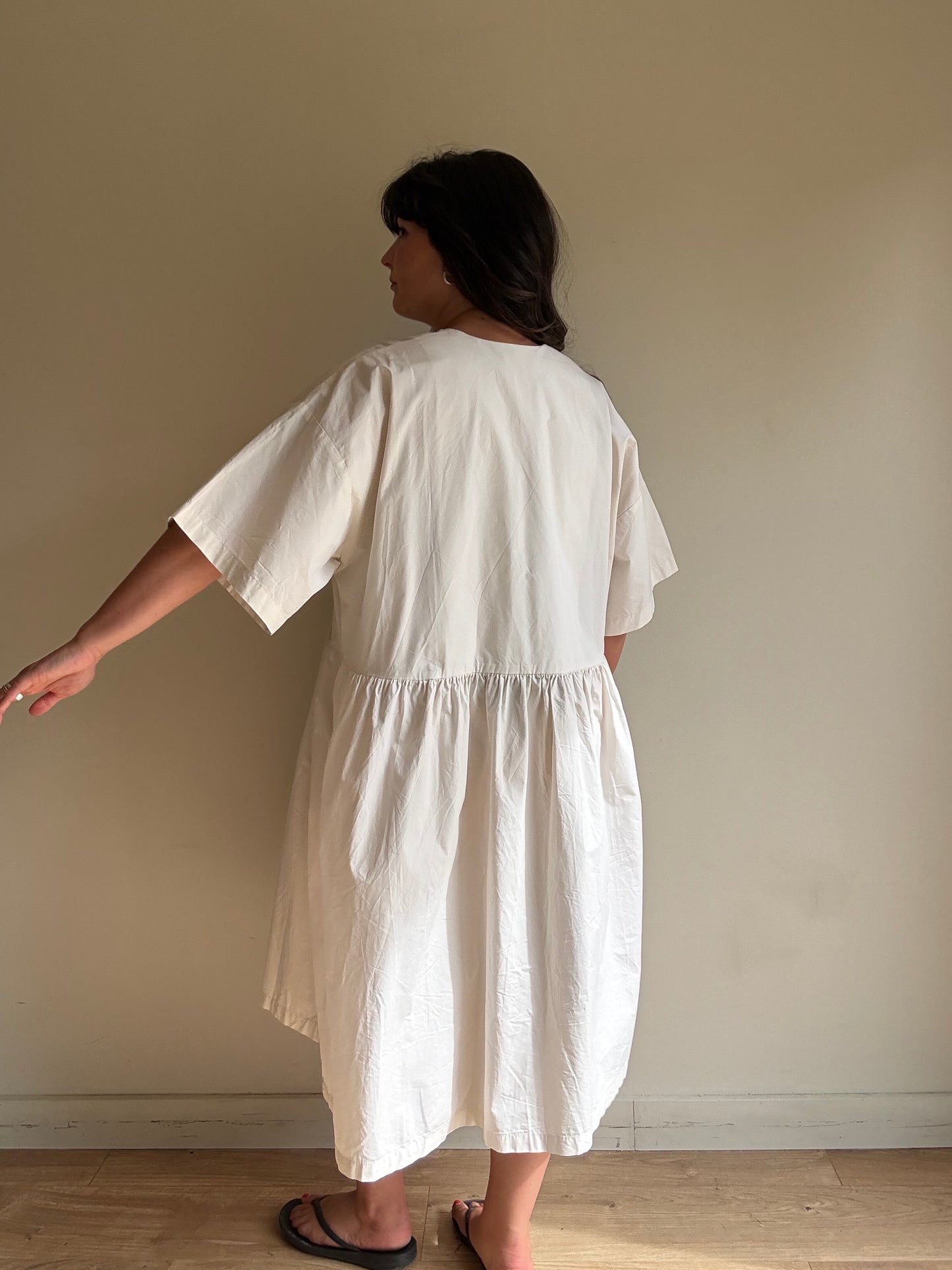Black Crane V-Neck Wide Cotton Dress, S (oversized)