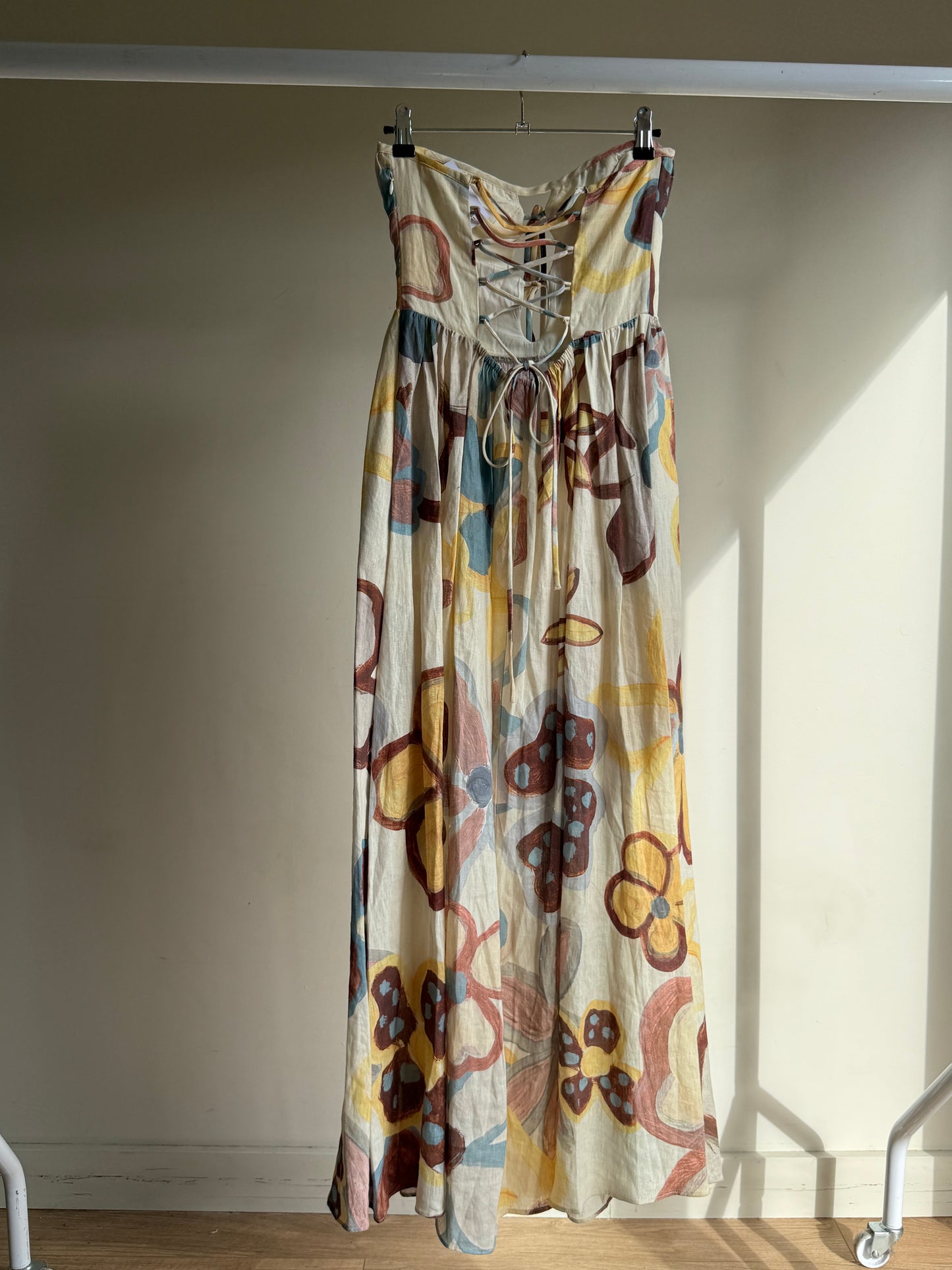Floral VRG GRL Strapless Lace Up Linen Dress, 8