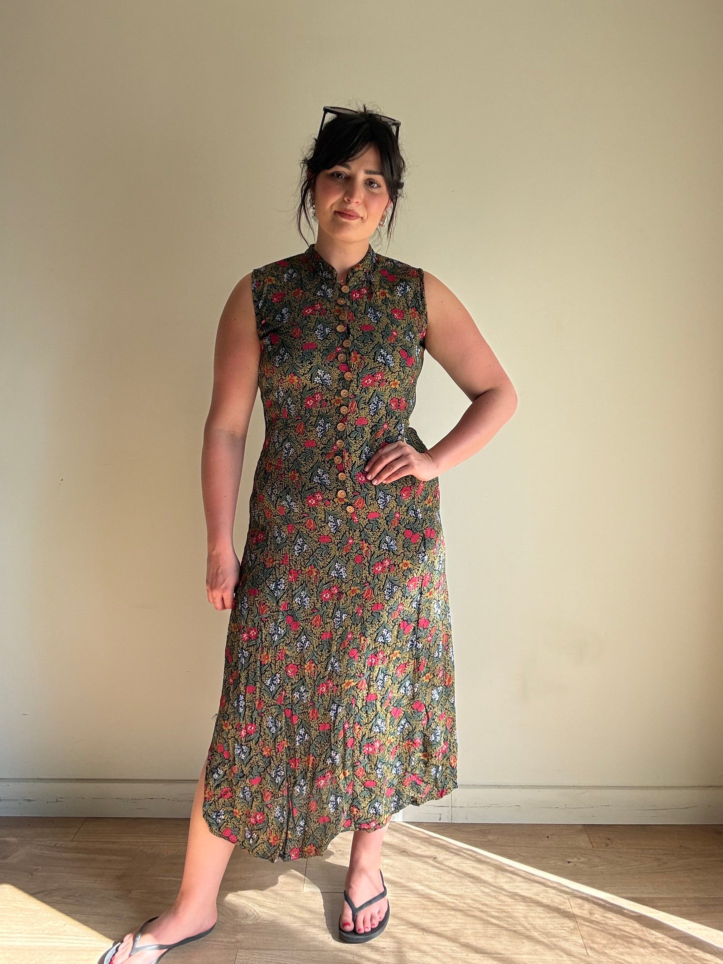 Vintage Floral Button Up Dress, M