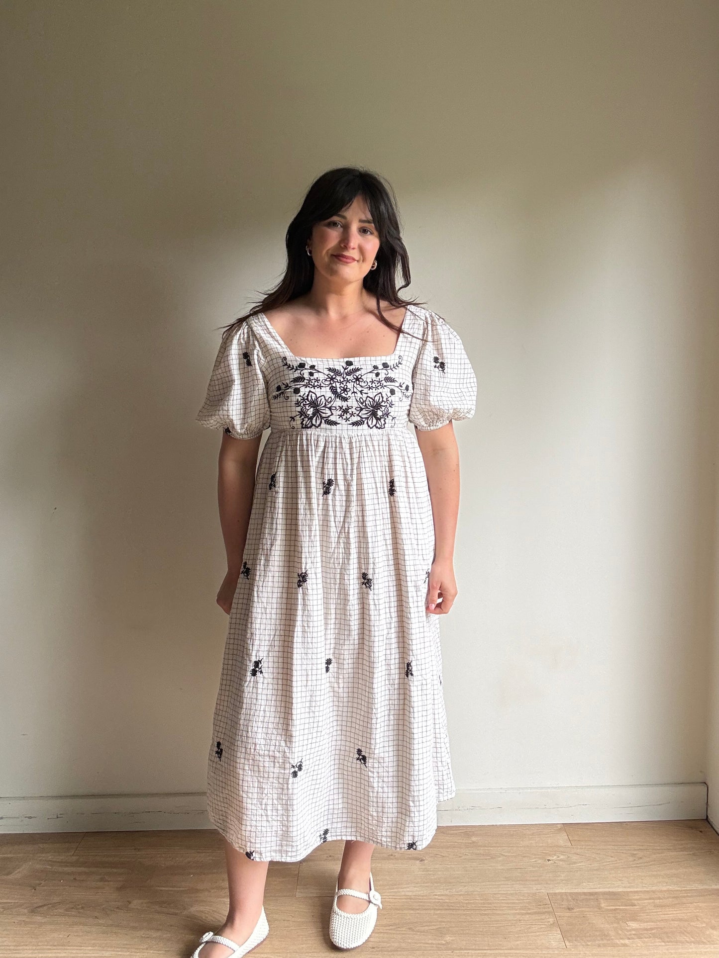 Grid Print Embroidered Dress, 10/12