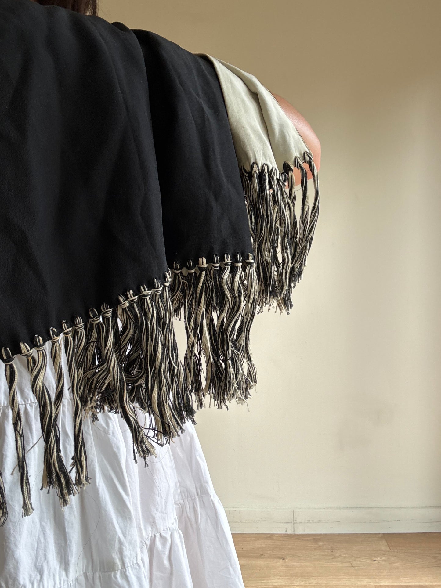 Vintage Silk Two Colour Fringe Scarf, O/S