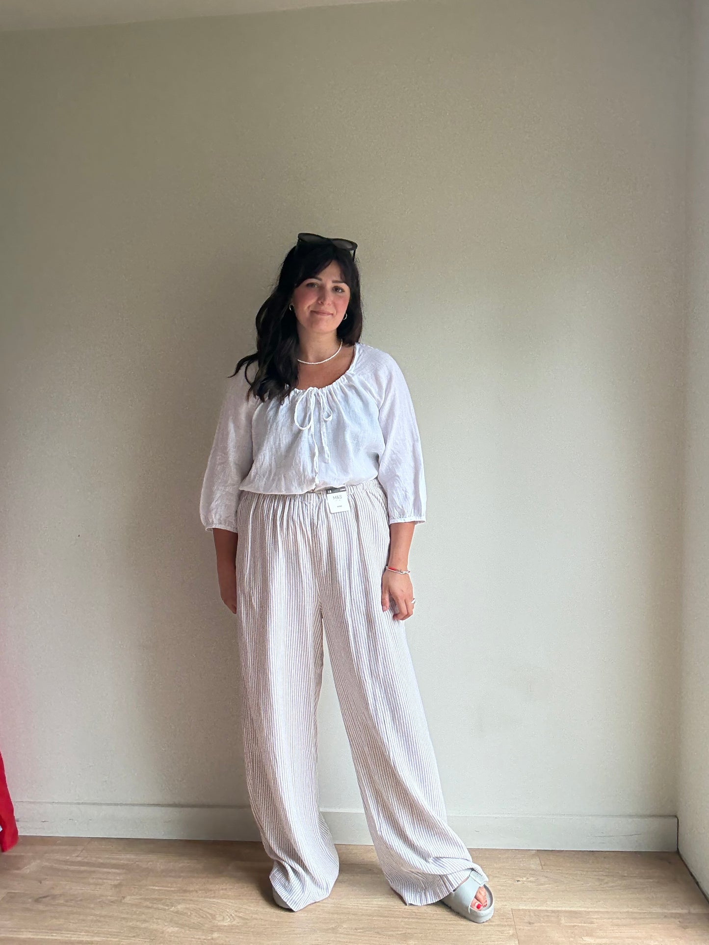 NEW M&S Linen Mix Stripe Trousers, 18