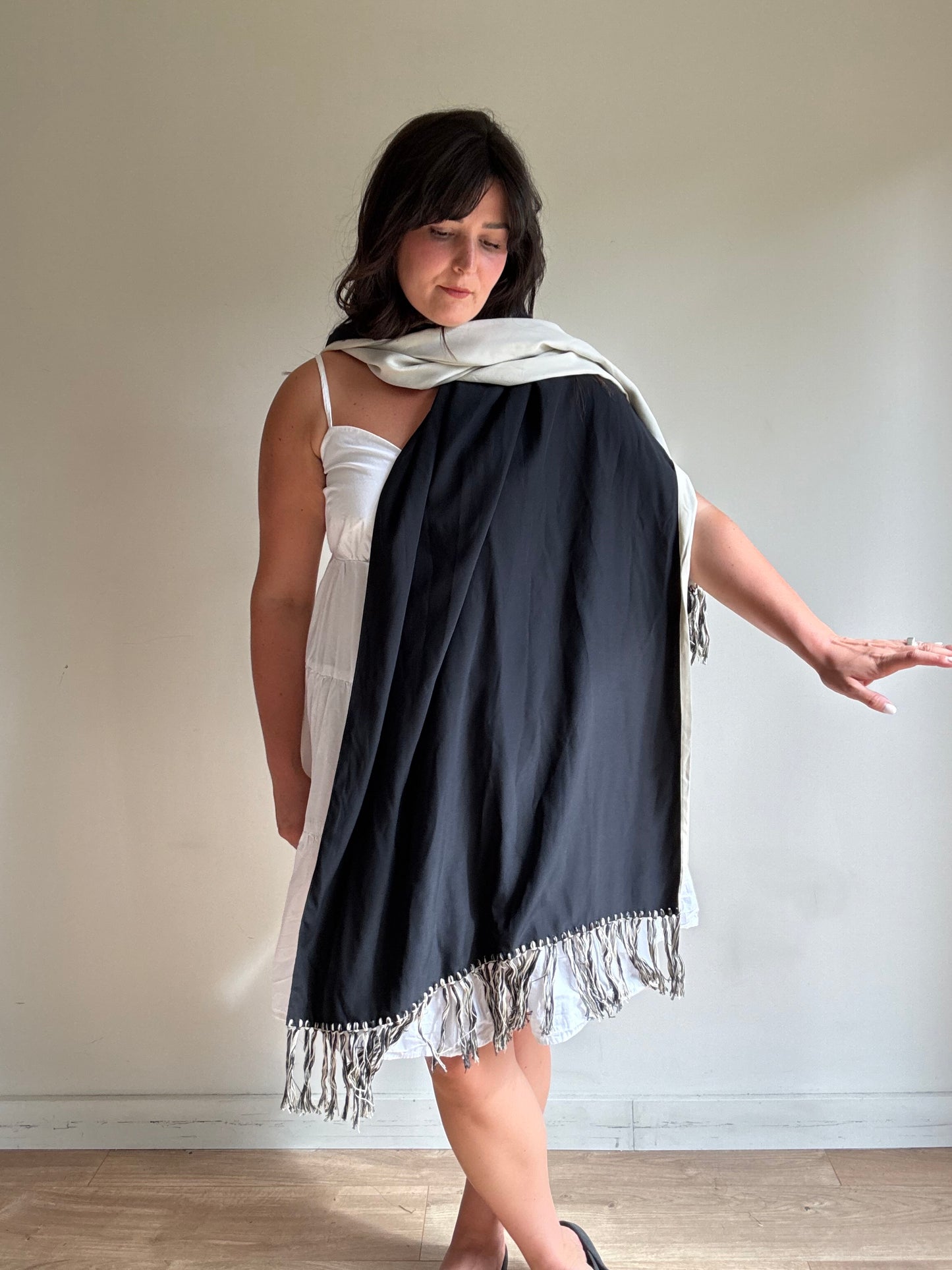 Vintage Silk Two Colour Fringe Scarf, O/S