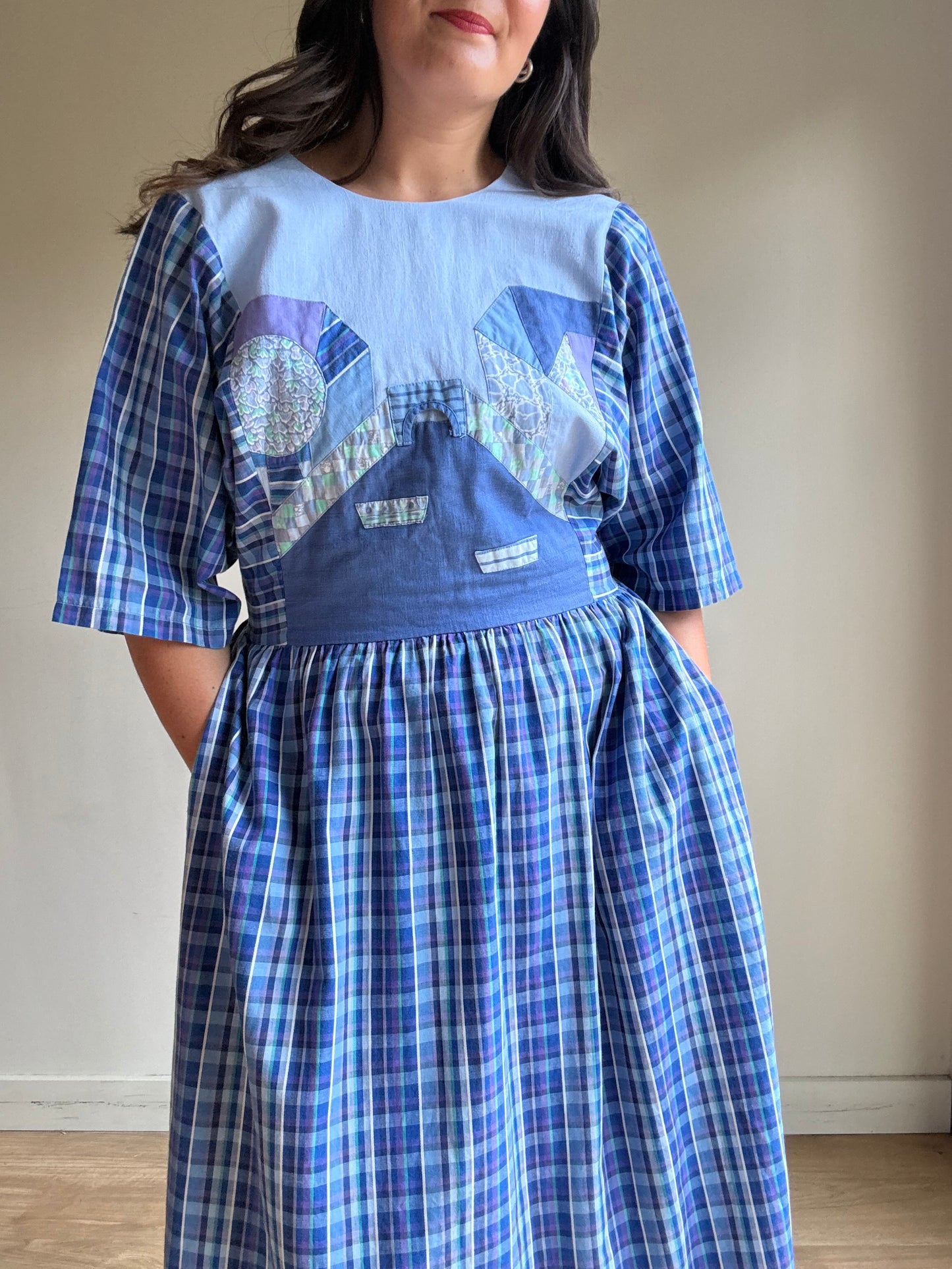 Handmade 70's Check Patch Dress, M