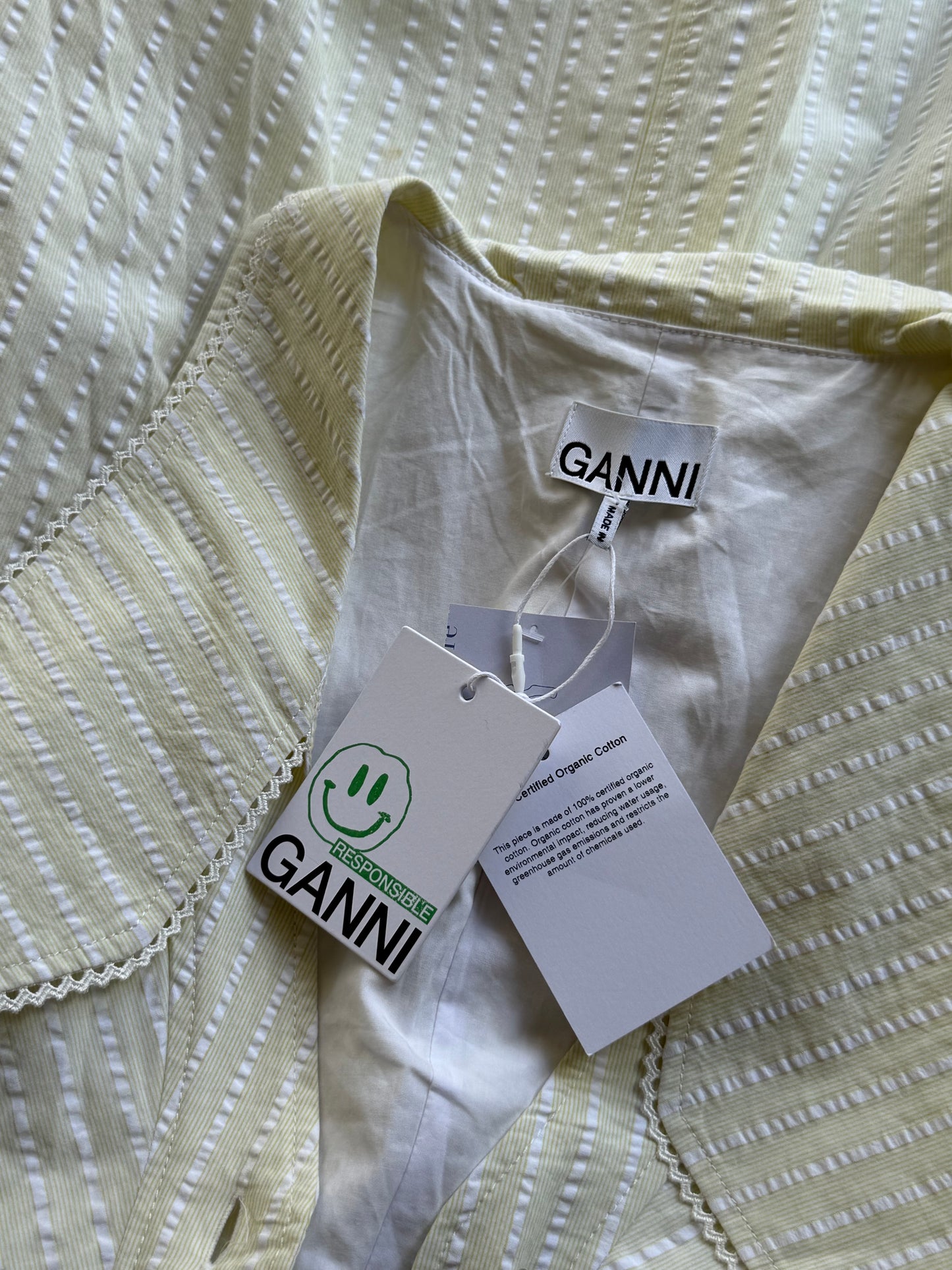 Ganni NEW Seersucker Collar Gathered Dress, 44