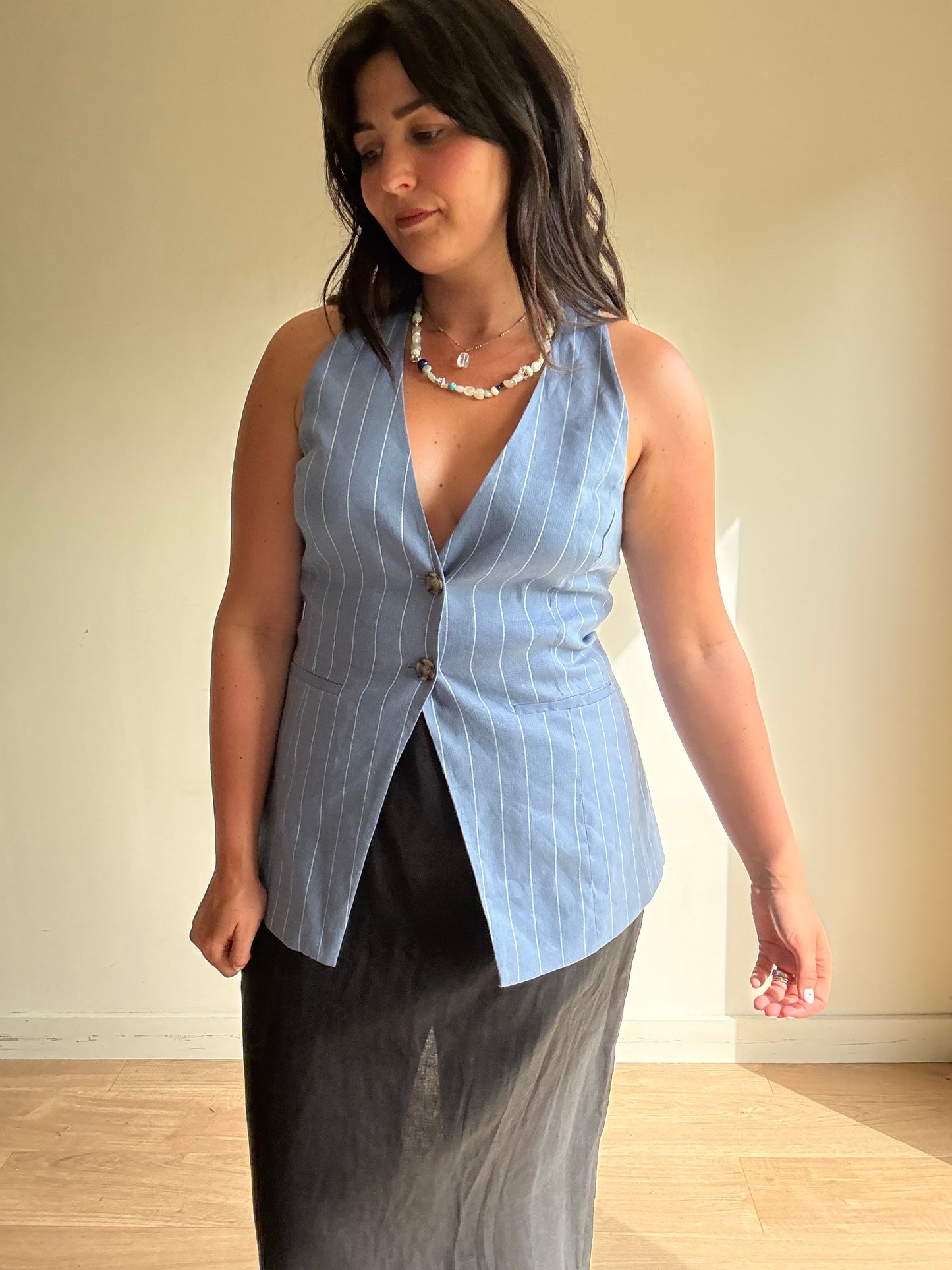 Aligne Pinstripe Halter Linen Waistcoat Top, 12