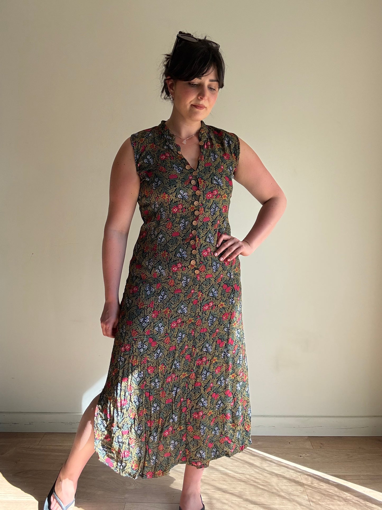 Vintage Floral Button Up Dress, M