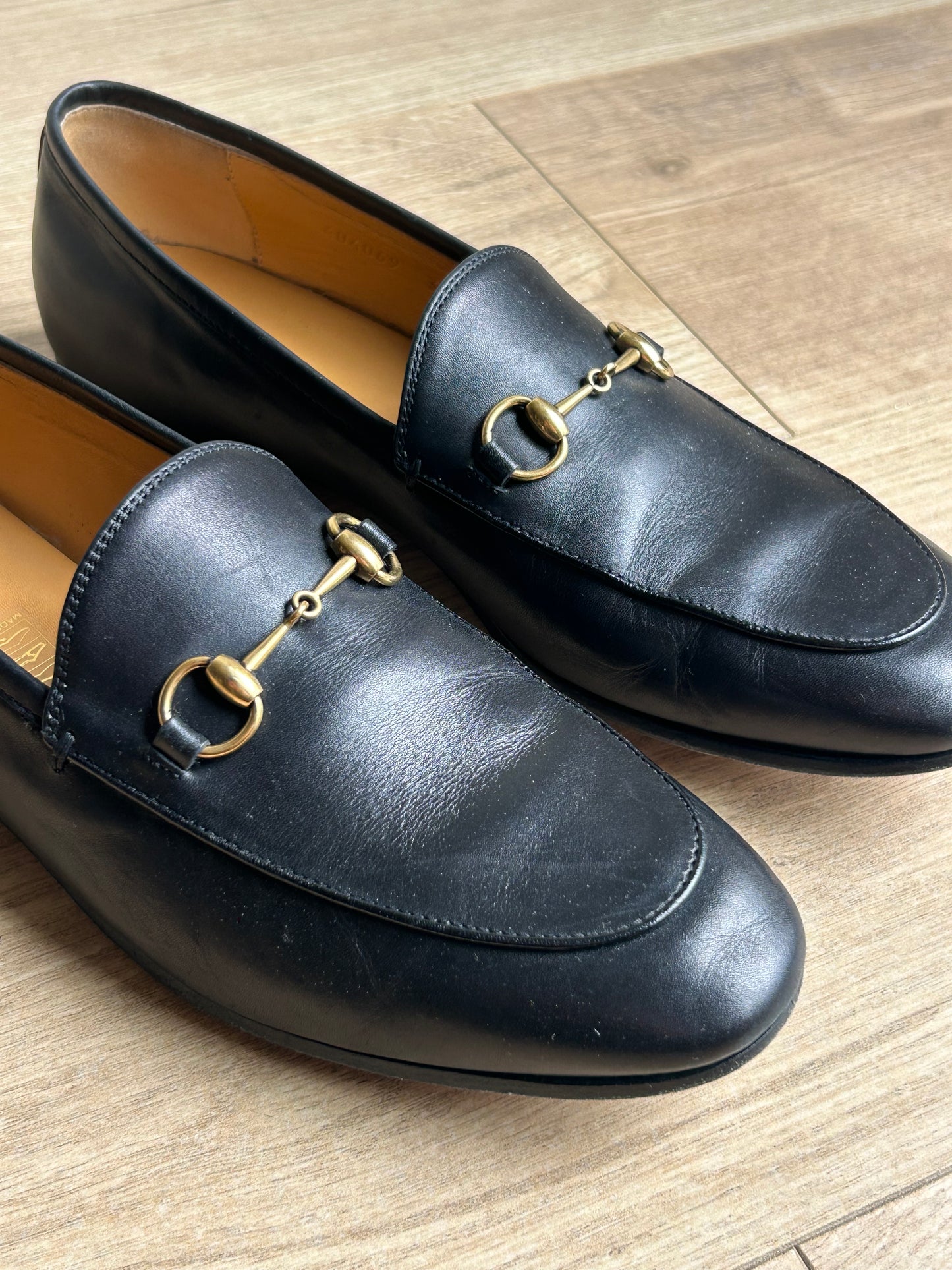 Black Gucci Jordaan Horsebit Leather Loafers, 39.5