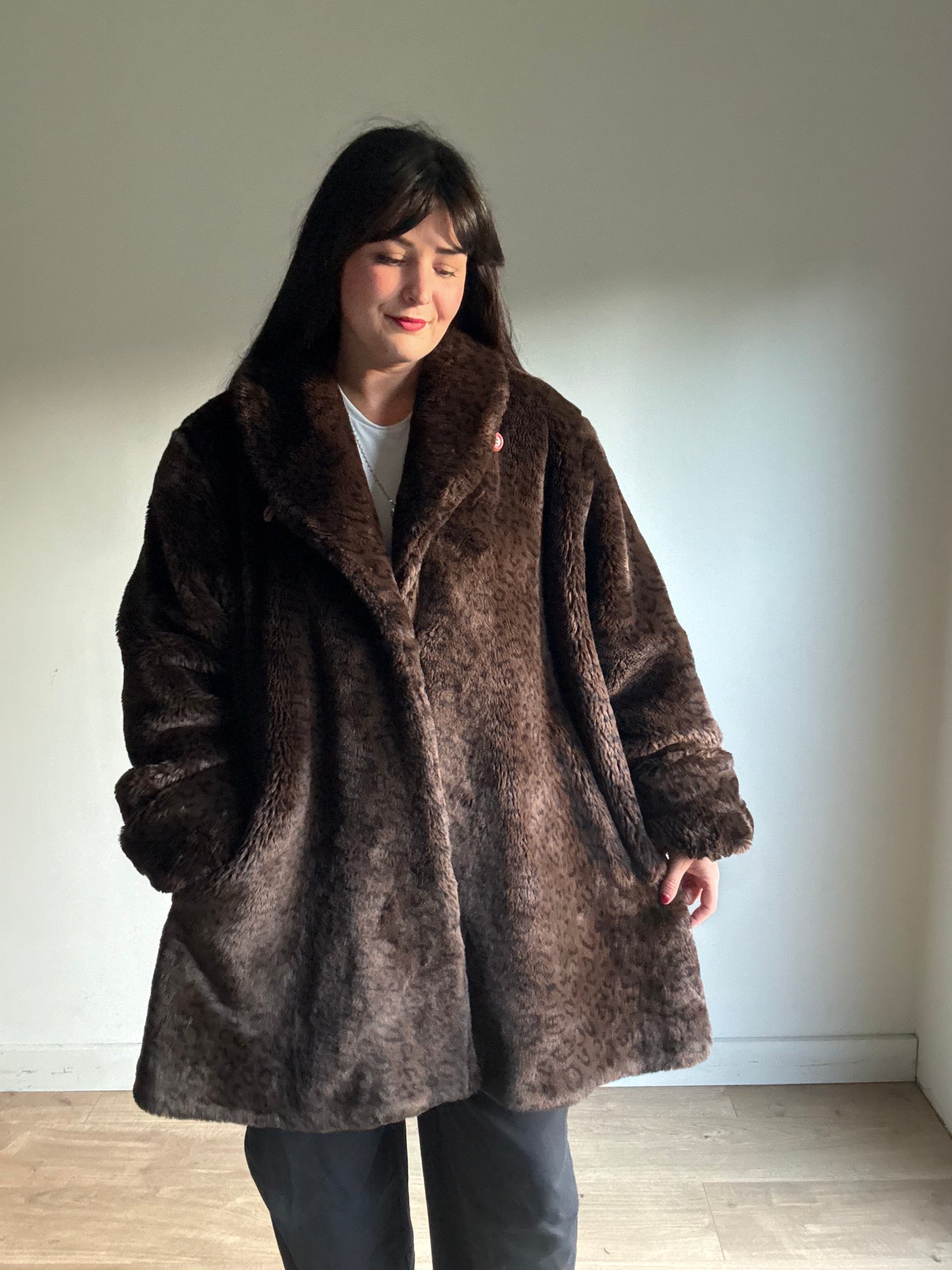 Vintage Leopard Faux Fur Coat, XL