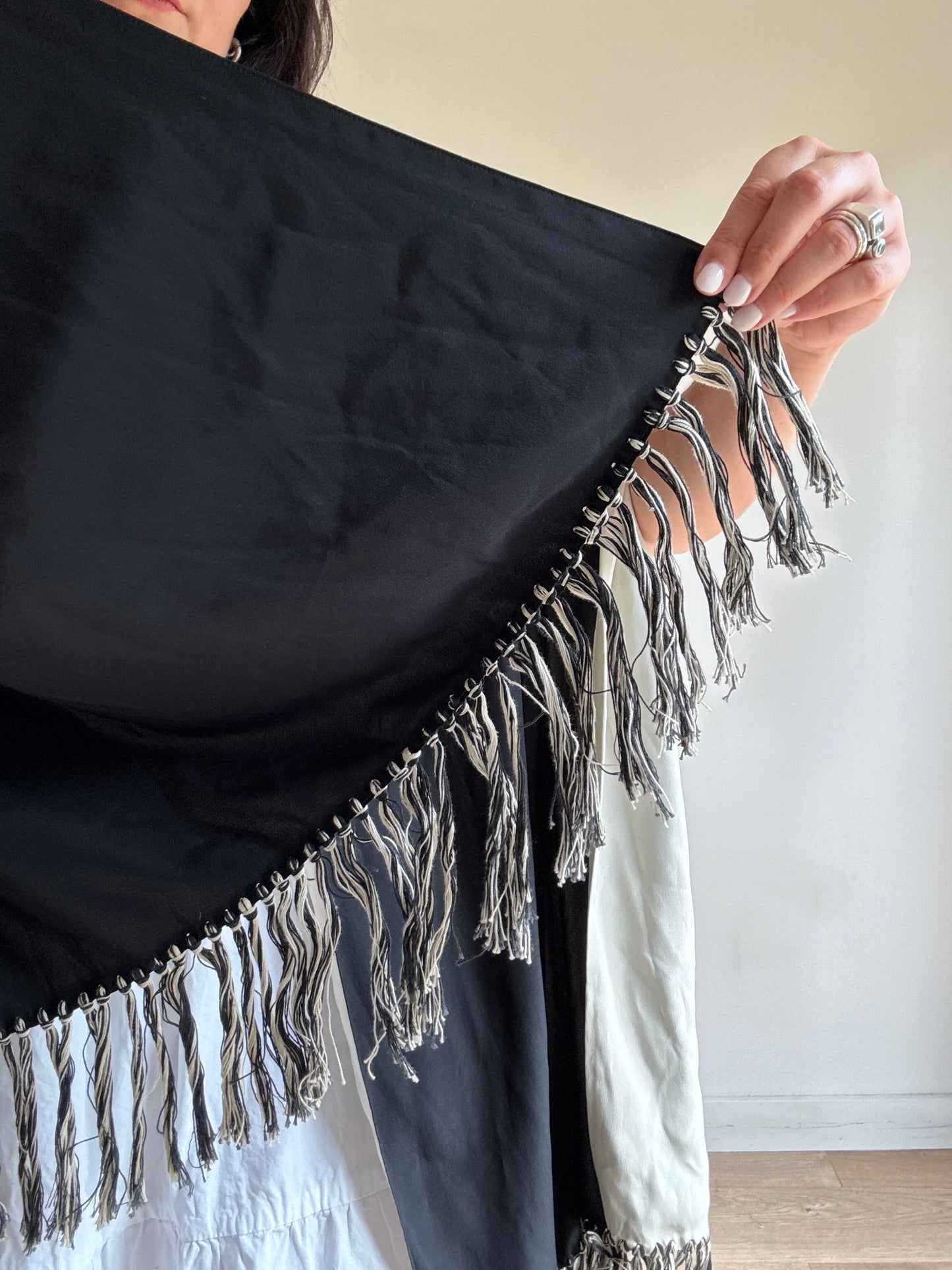 Vintage Silk Two Colour Fringe Scarf, O/S