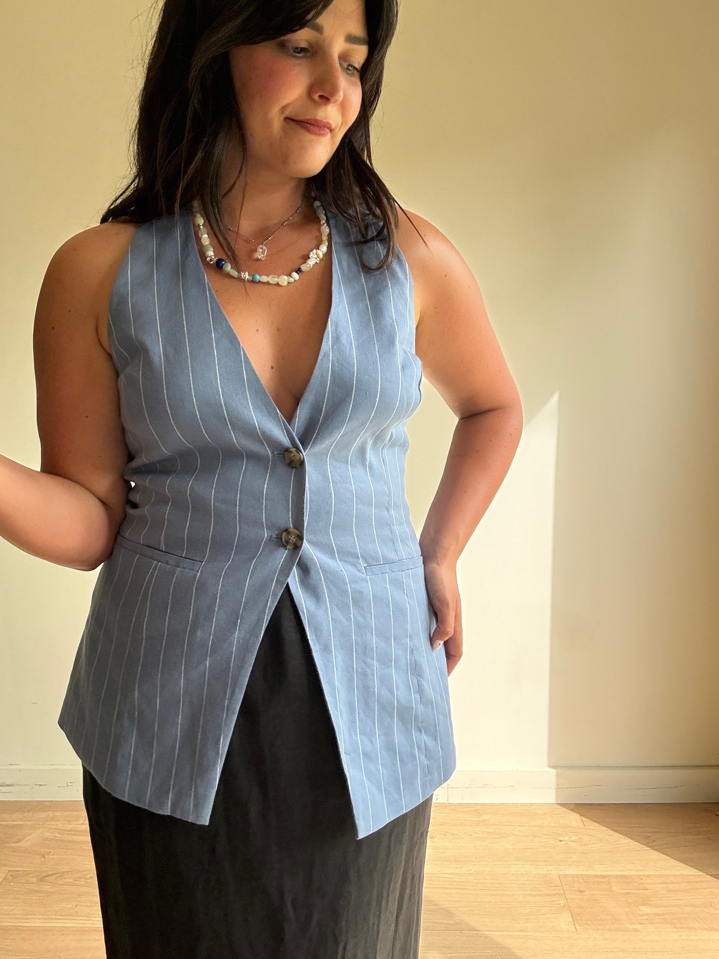 Aligne Pinstripe Halter Linen Waistcoat Top, 12