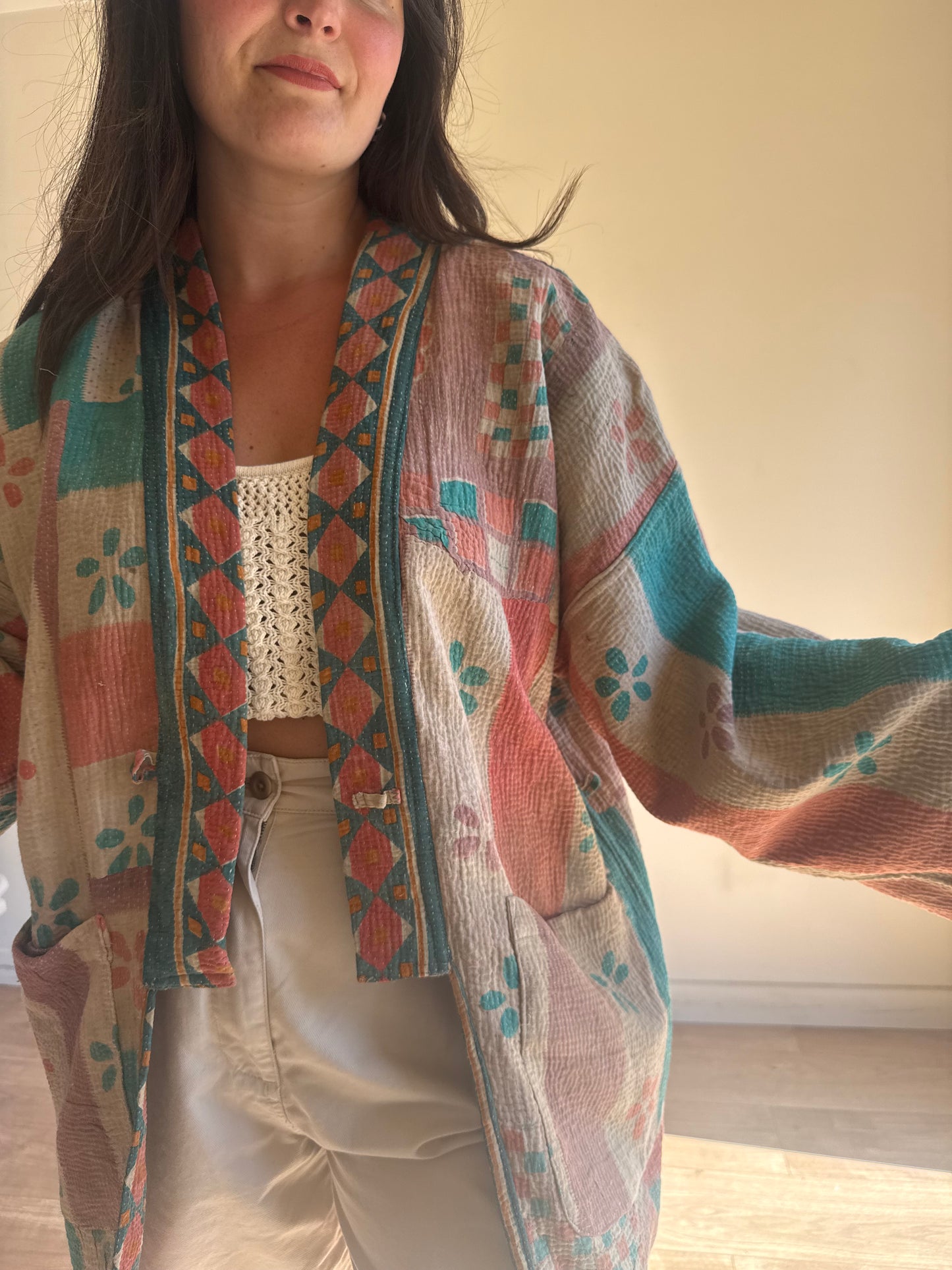 Kantha Cotton Kimono Shape Jacket, One Size