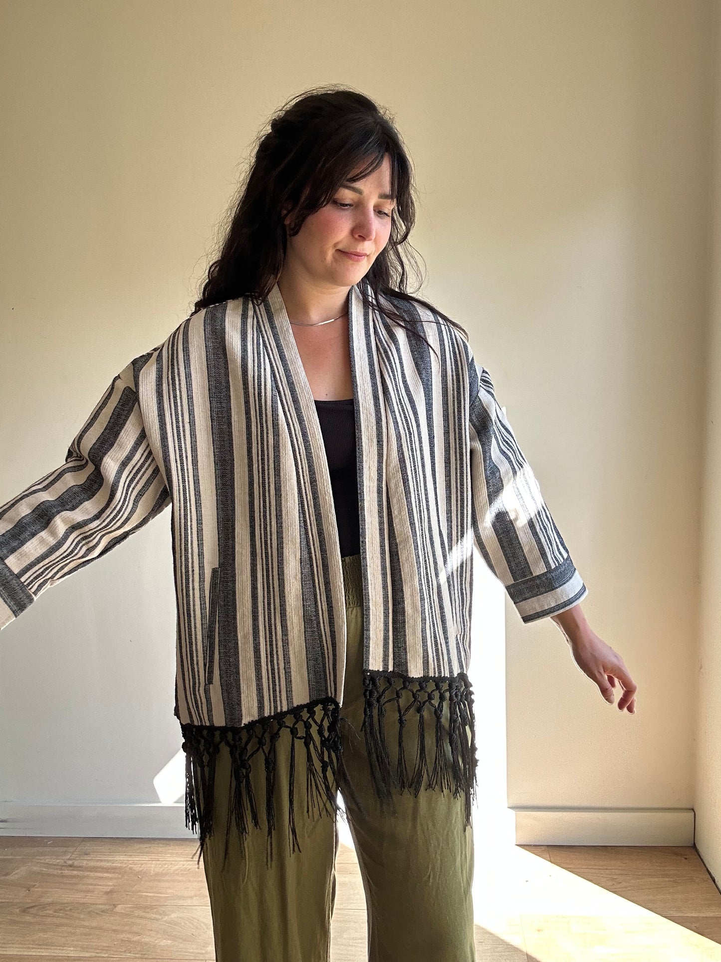 Zara Cotton Stripe Tassel Jacket, One Size