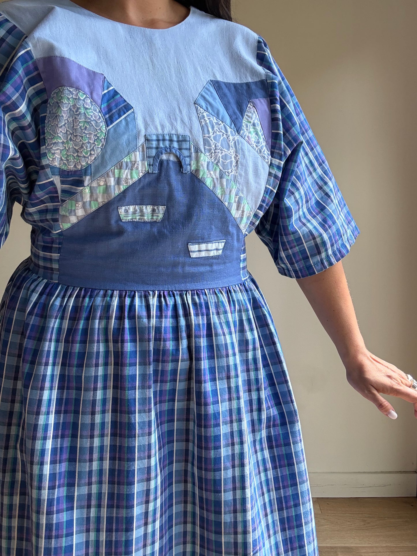 Handmade 70's Check Patch Dress, M