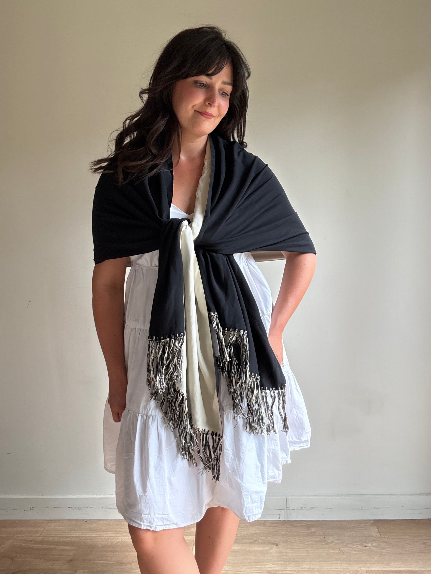 Vintage Silk Two Colour Fringe Scarf, O/S