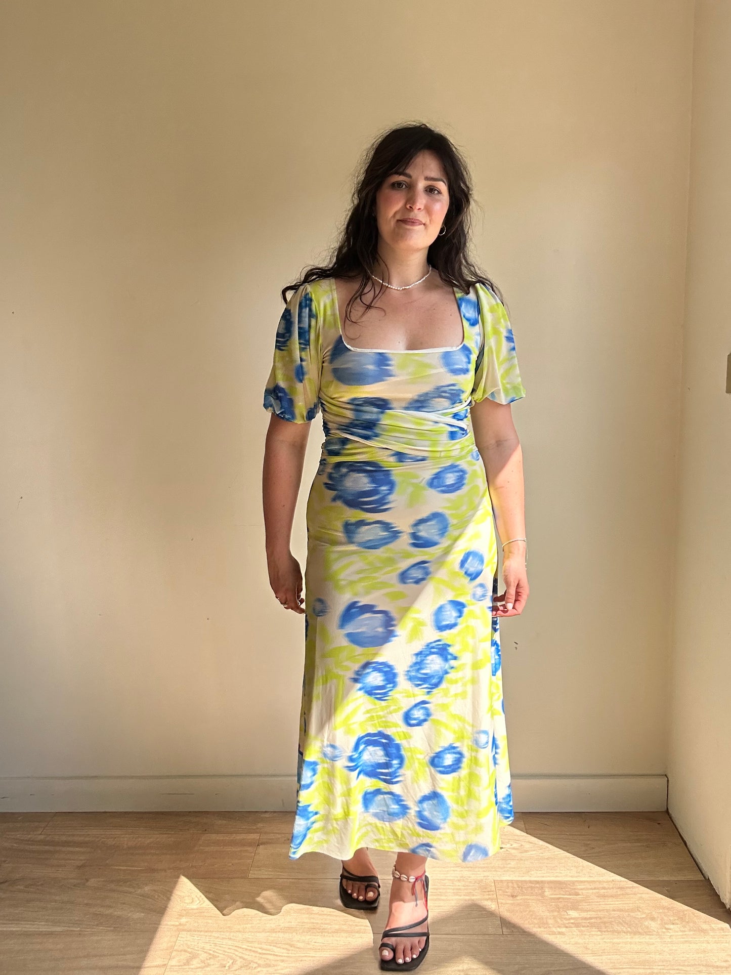 Ganni Ruched Printed Stretch-Mesh Dress, 36