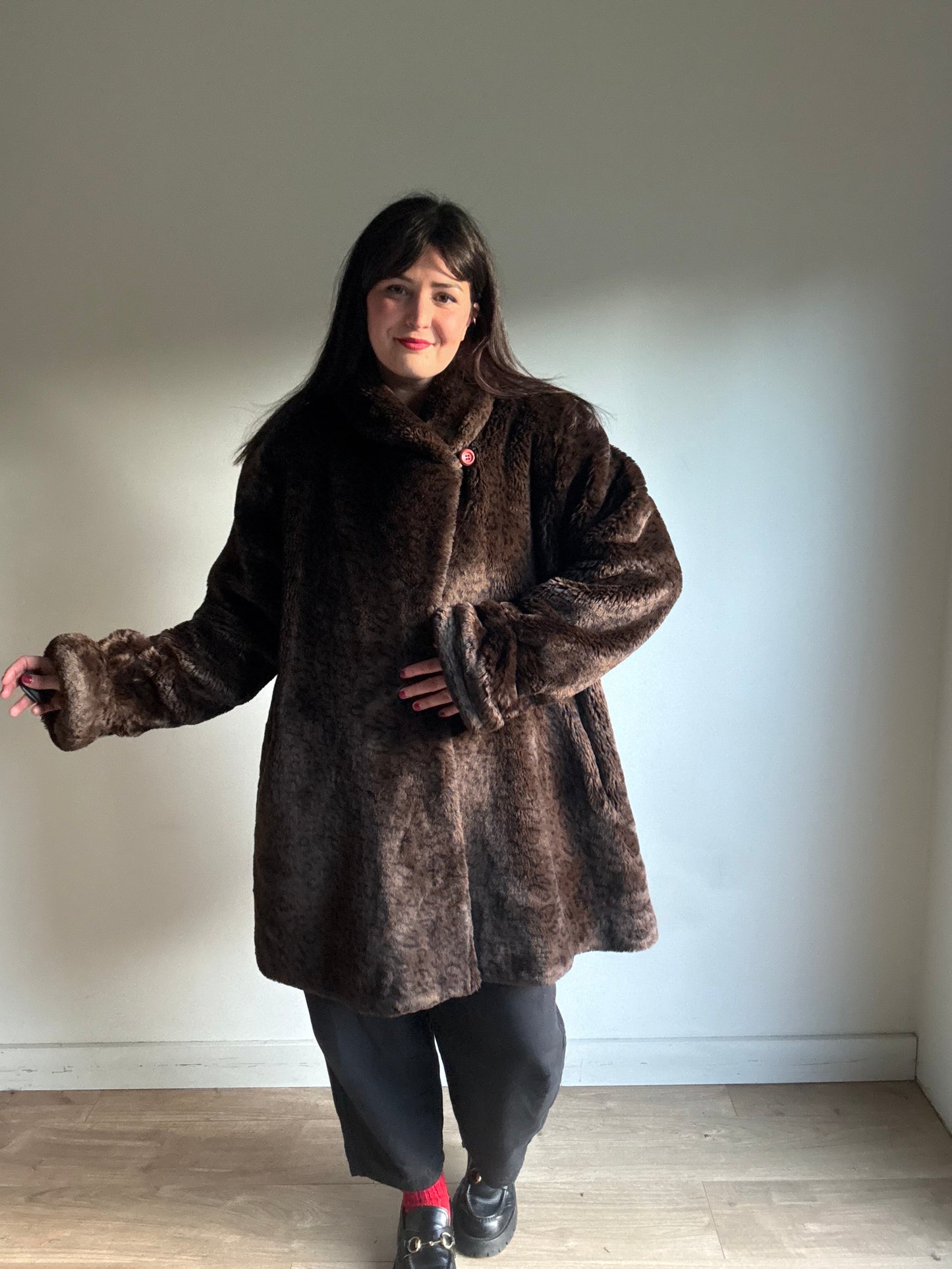 Vintage Leopard Faux Fur Coat, XL