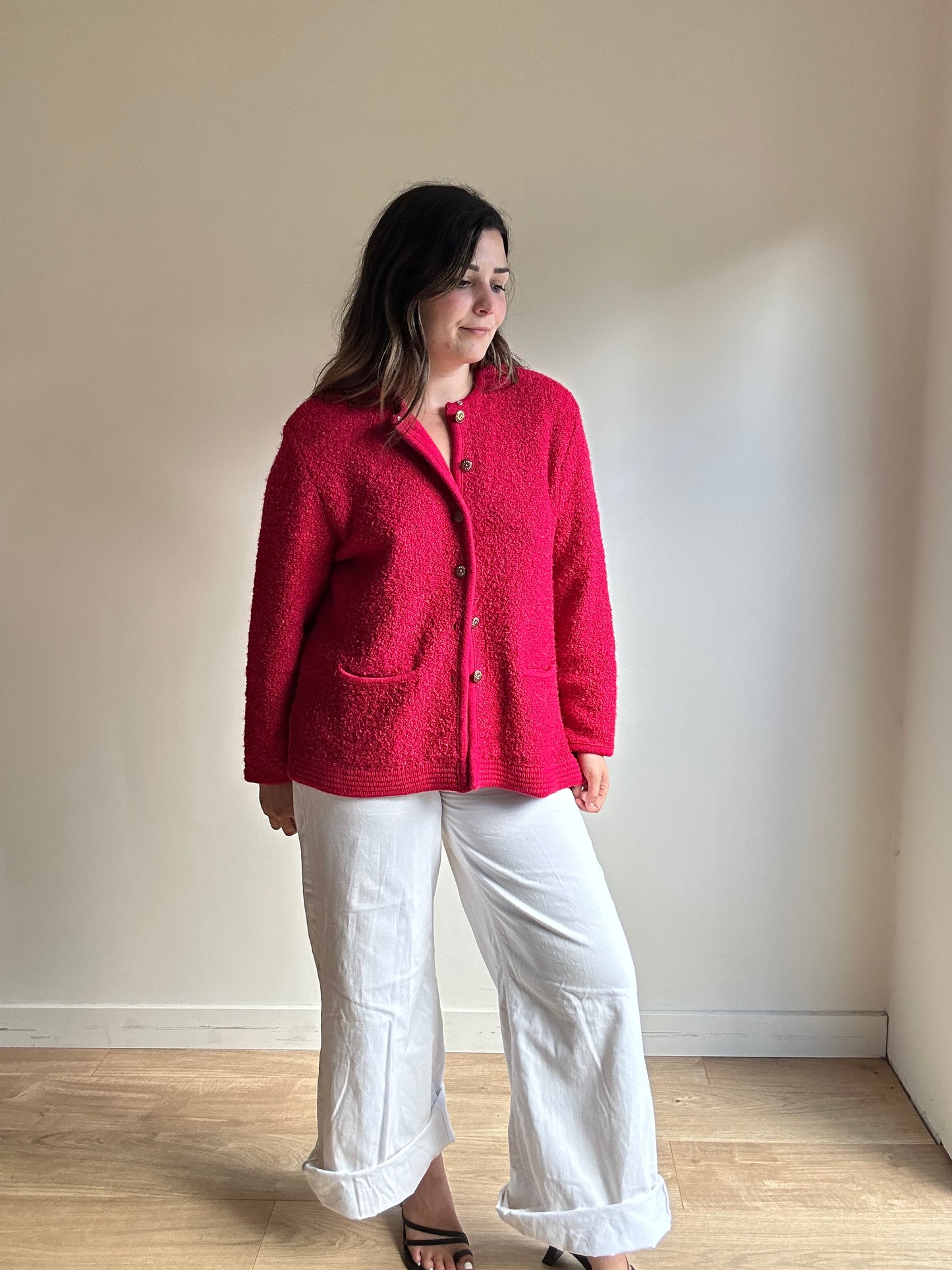 Vintage Red Boucle Cardigan - Size L