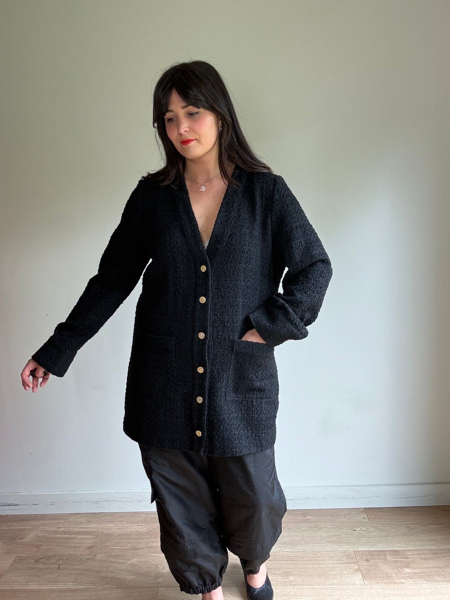 Tweed Style Long Cardigan Jacket, L